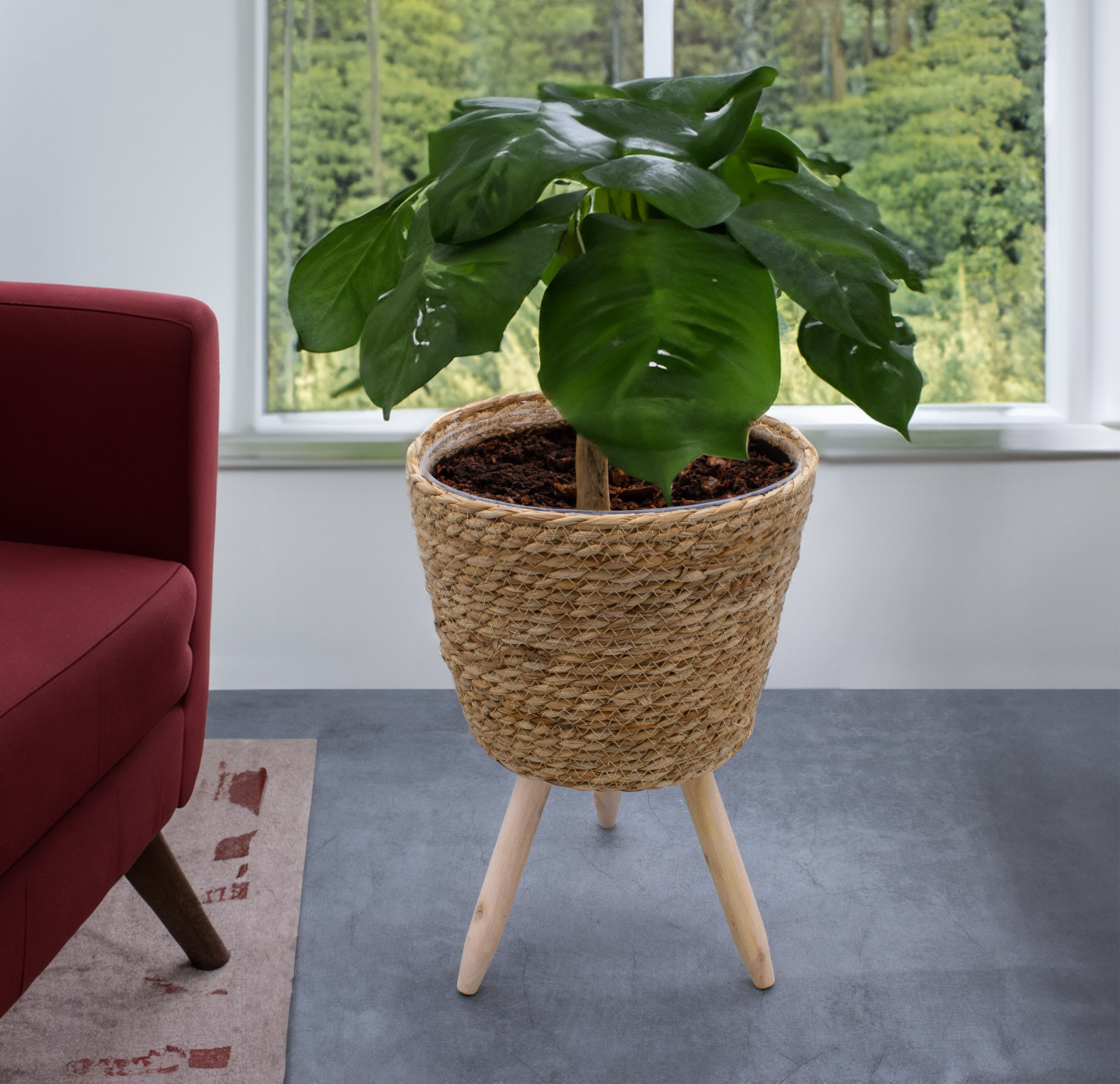 Blumenständer aus Stroh innen mit Folie - 40 x 26 cm - Rattan Pflanzenständer mit 3 Holz Beinen