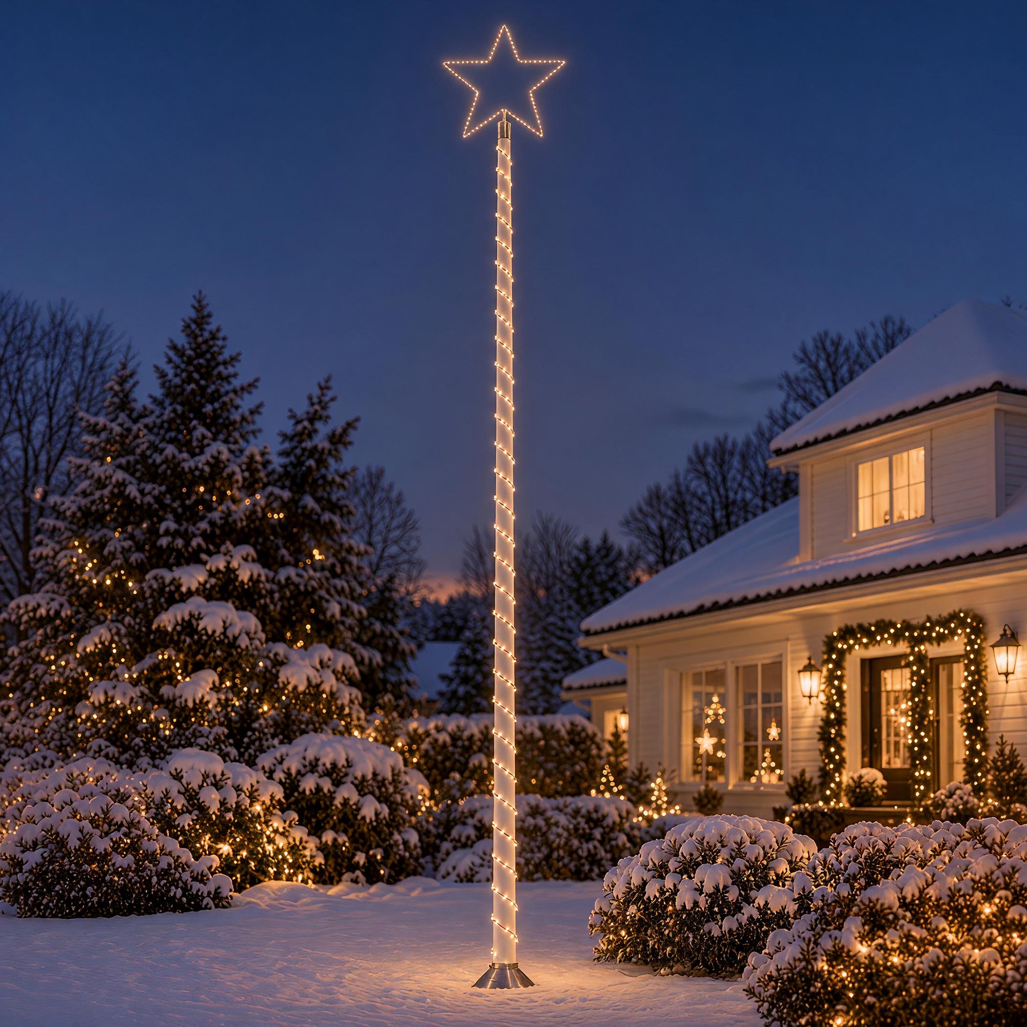LED Metall Stern Spitze 80 cm für Fahnenmast bis 6,20 m mit Netzteil für Außen - 230 LEDs - Leuchtstern Silhouette silber mit 7 m Lichterkette in warm weiß mit Timer