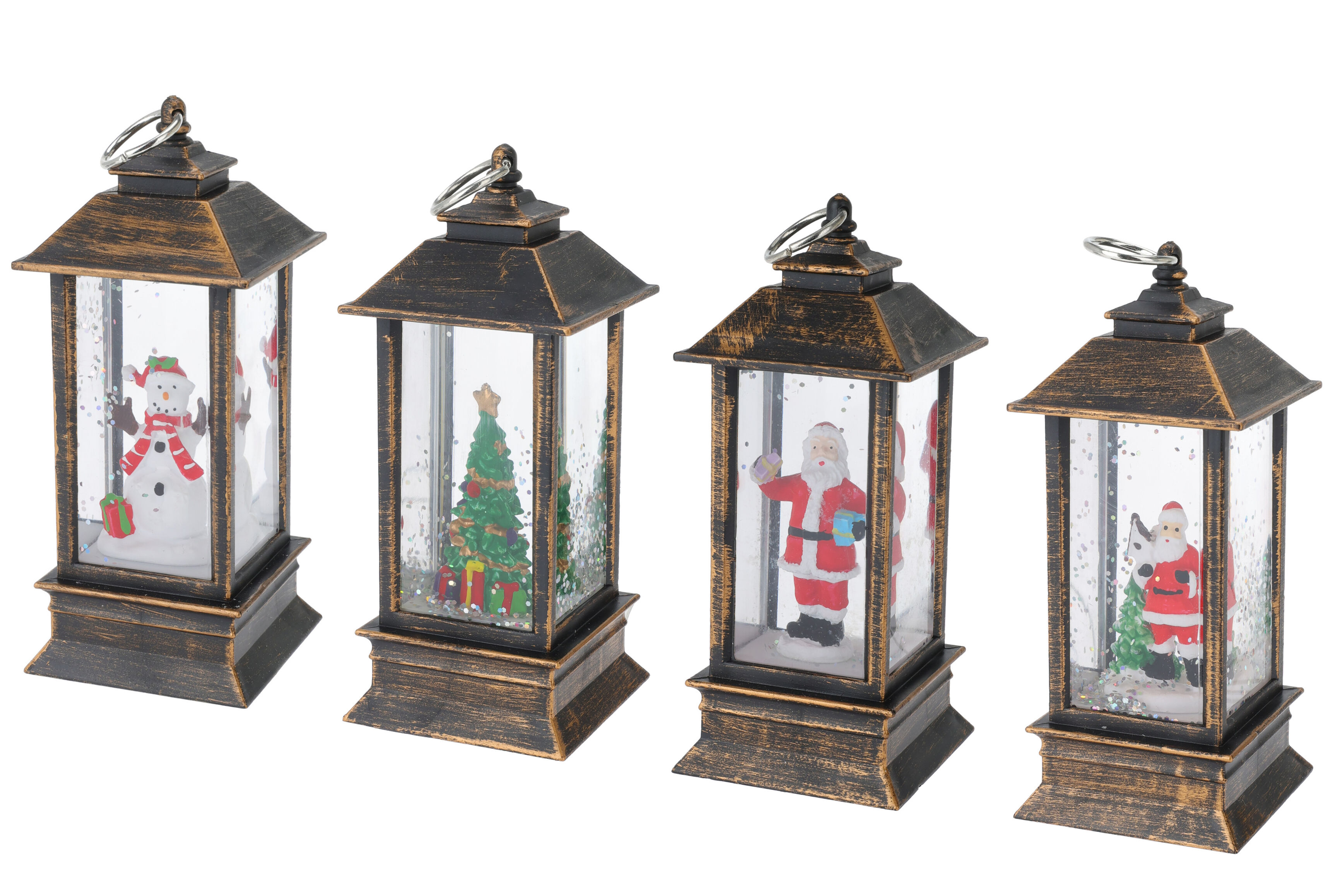 Kleine LED Schnee Laterne mit Figur - 4er Set - Deko Schneekugel mit Weihnachts Motiven