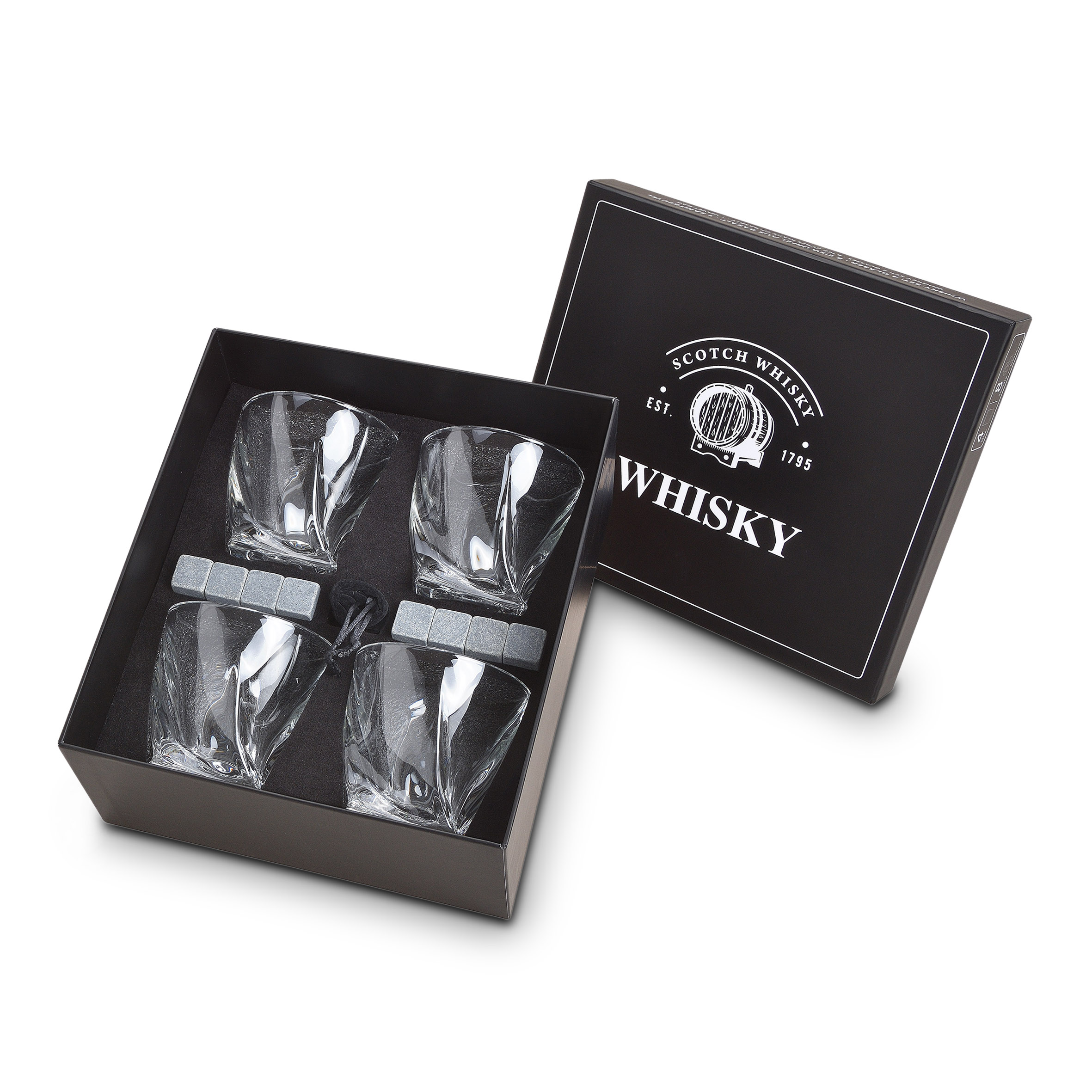 Whisky Glas Geschenk Set aus Kristallglas - 13-teilig - 4er Trinkglas Set mit 8x Basalt Kühlsteinen und Samtbeutel