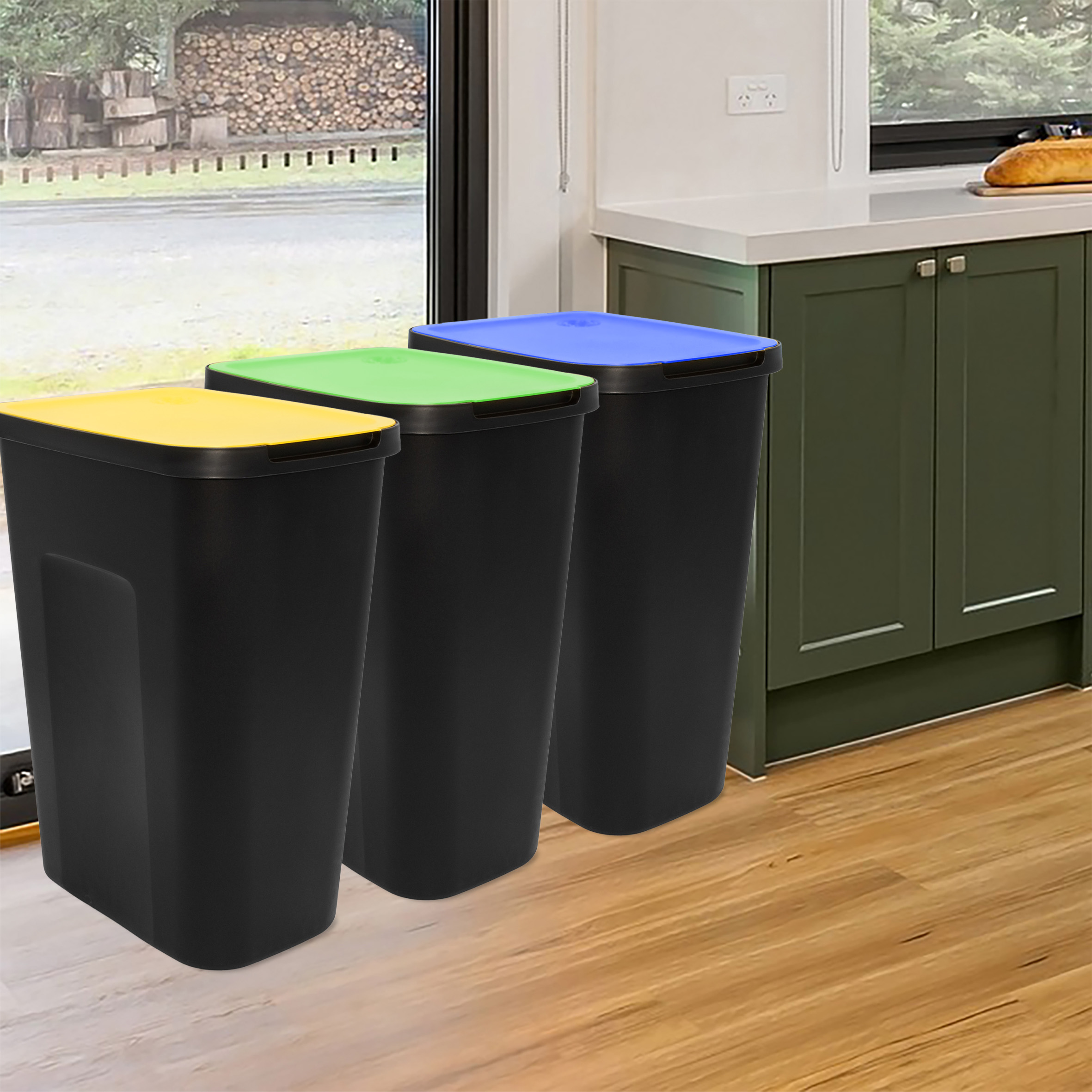 Abfalleimer schwarz mit farbigem Klappdeckel 3er Set - 50 Liter - Mülltrennsystem für Kunststoff Biomüll und Altpapier