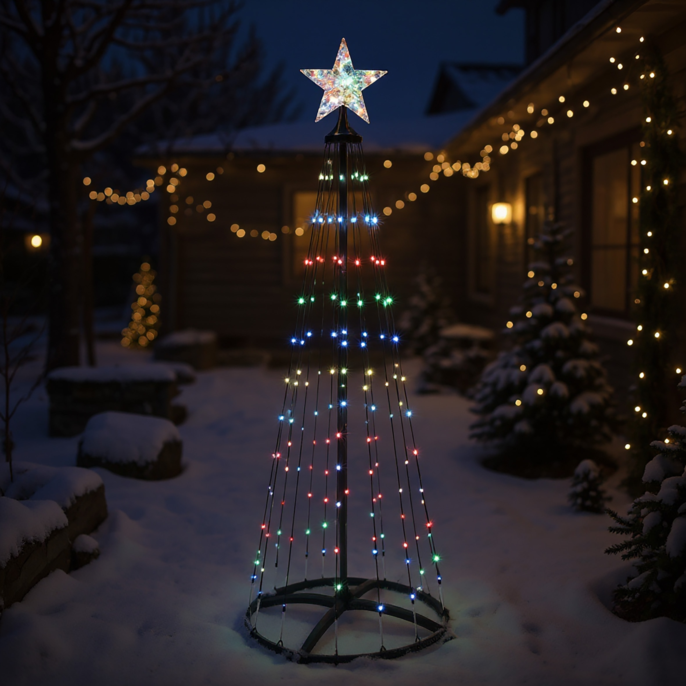 Lichterbaum mit Stern Spitze 150 cm für Außen mit Fernbedienung und Timer - 154 LED - Metall Weihnachtsbaum in schwarz multicolor - Farbe per Fernbedienung wählbar