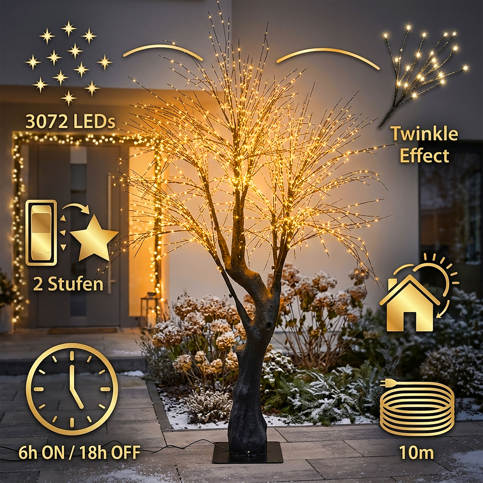 XL Lichterbaum für Außen und Innen mit Twinkle Effekt - 3072 gold LED - Fairy Lights Leuchtbaum mit biegsamen Ästen 200 cm mit Timer