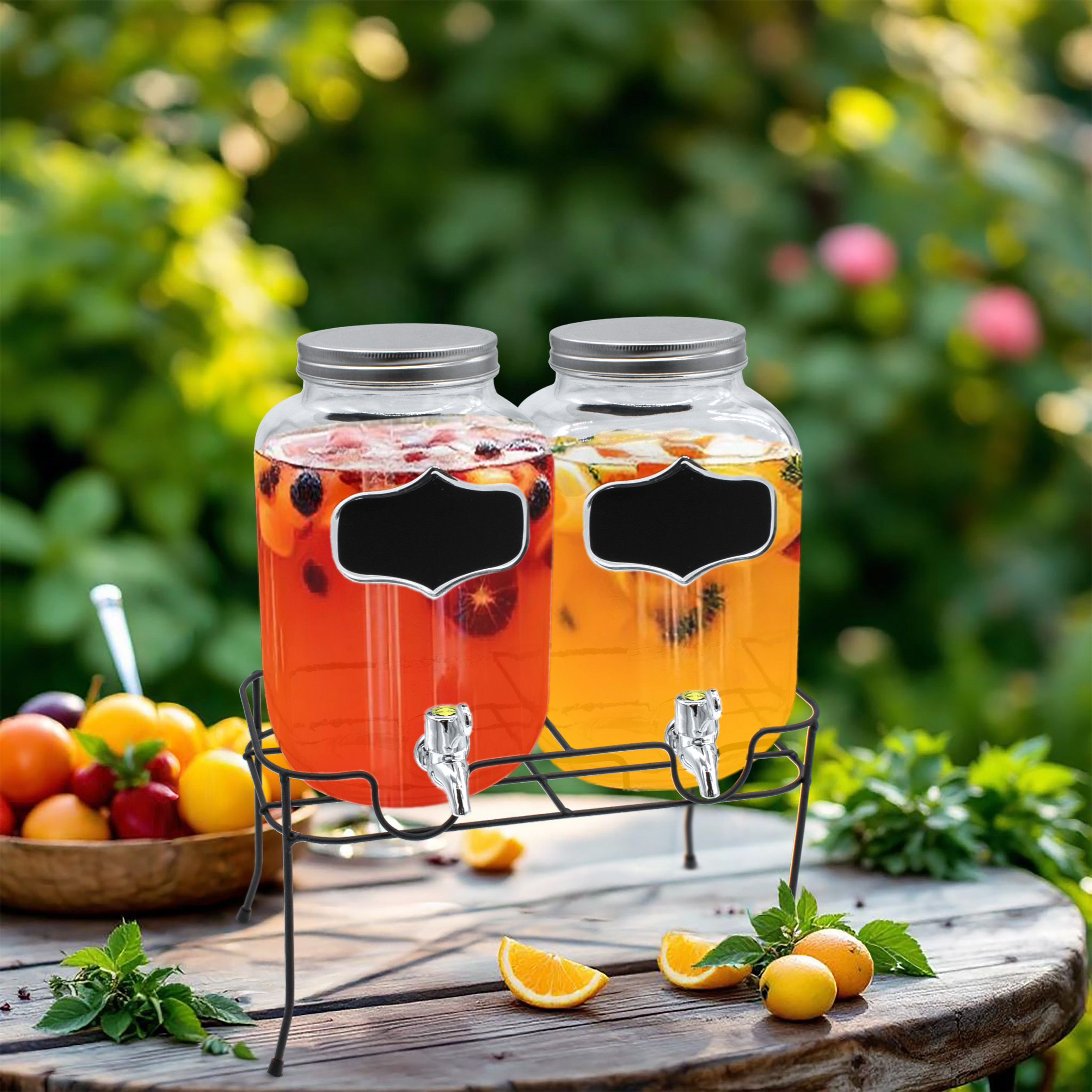 Glas Getränkespender mit Zapfhahn - 2er Set / je 4 Liter - Wasser Spender mit Beschriftungsfeld