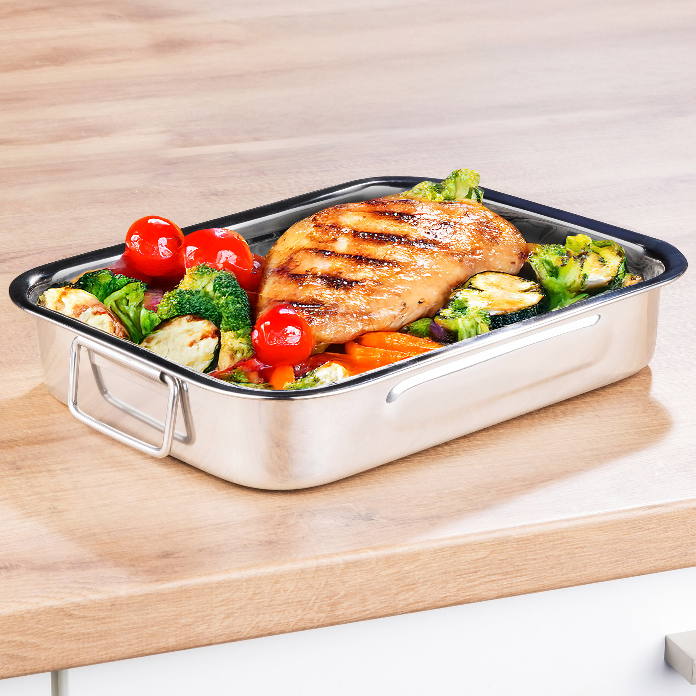 Edelstahl Bräter mit entnehmbaren Grillrost - 32 x 24 cm - Auflaufform mit Griffen und Rost für Grill und Ofen