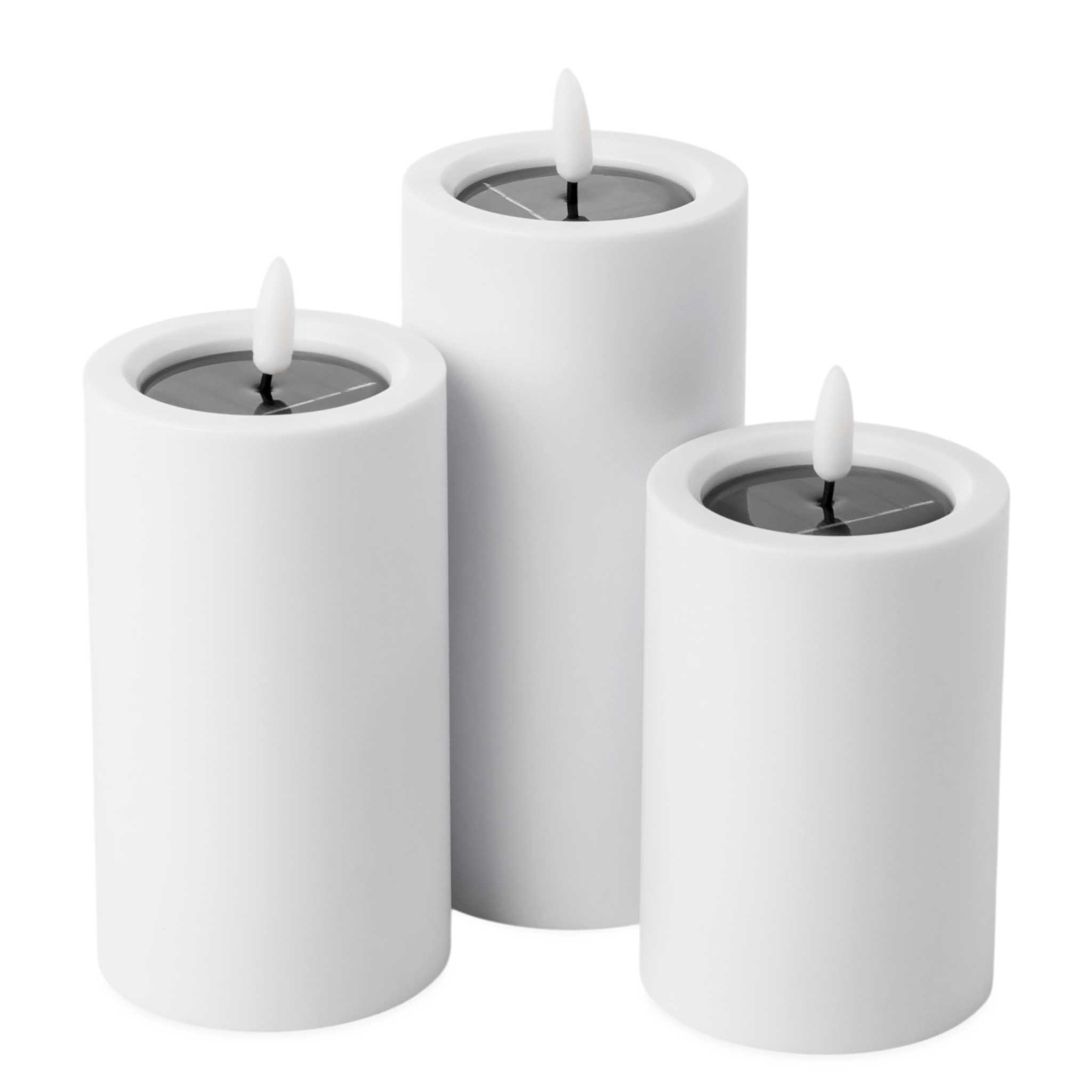 Solar LED Stumpenkerzen mit Flammen Effekt 3er Set - 15 / 12 / 10 cm - Künstliche Kerze warm weiß für Außen mit Flackereffekt