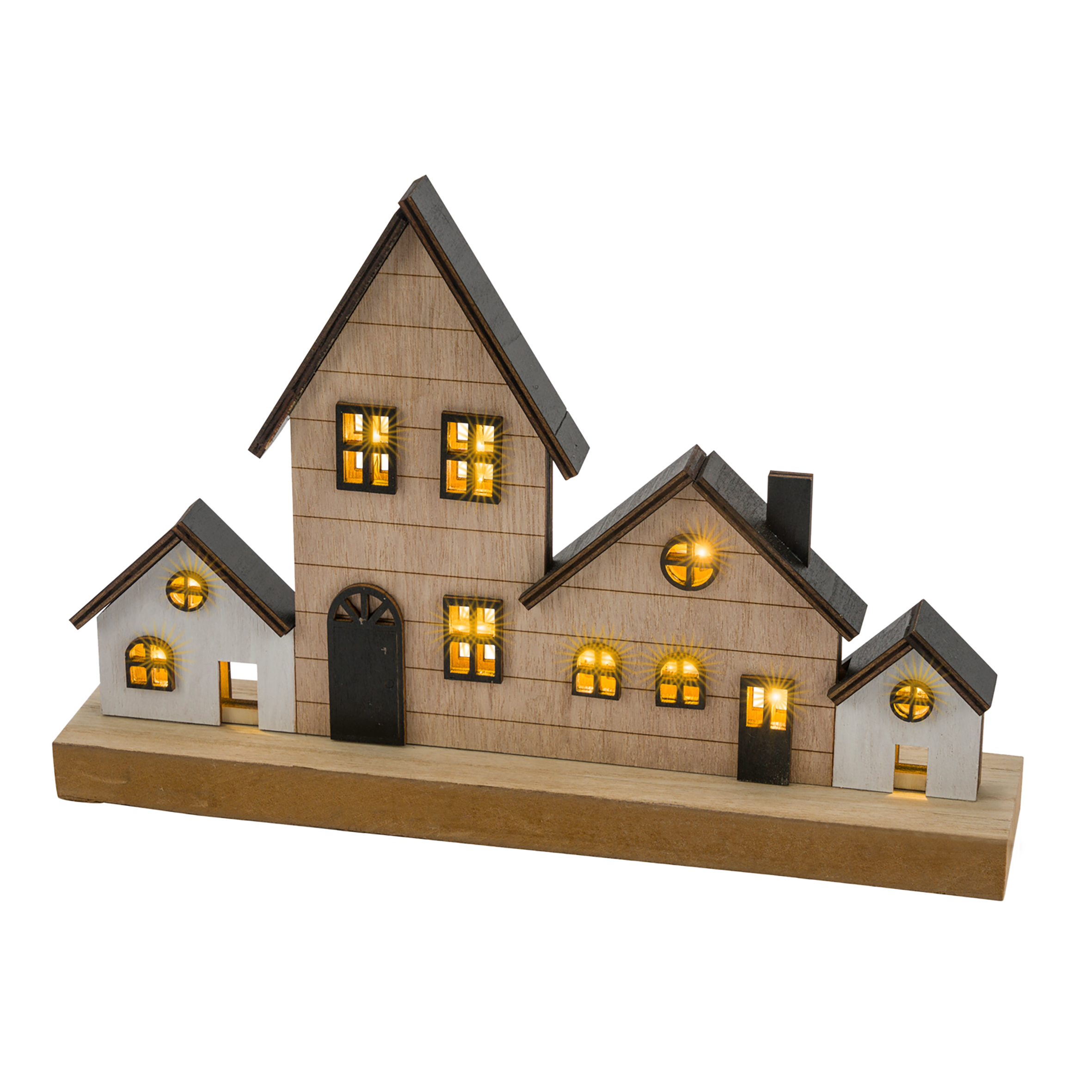 LED Weihnachts Stadt Aufsteller aus Holz - 30 x 20 cm - Deko Häuserzeile warm weiß beleuchtet