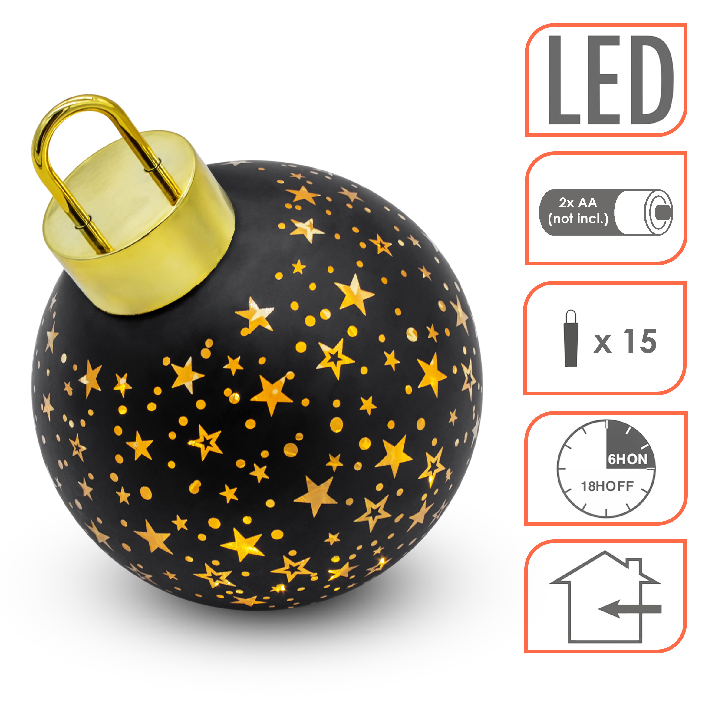 LED Weihnachtskugel zum Stellen matt schwarz mit Timer Batterie betrieben - 15 cm - Glaskugel warm weiß beleuchtet 1 Stück Leuchtkugel mit Zufallsmotiv