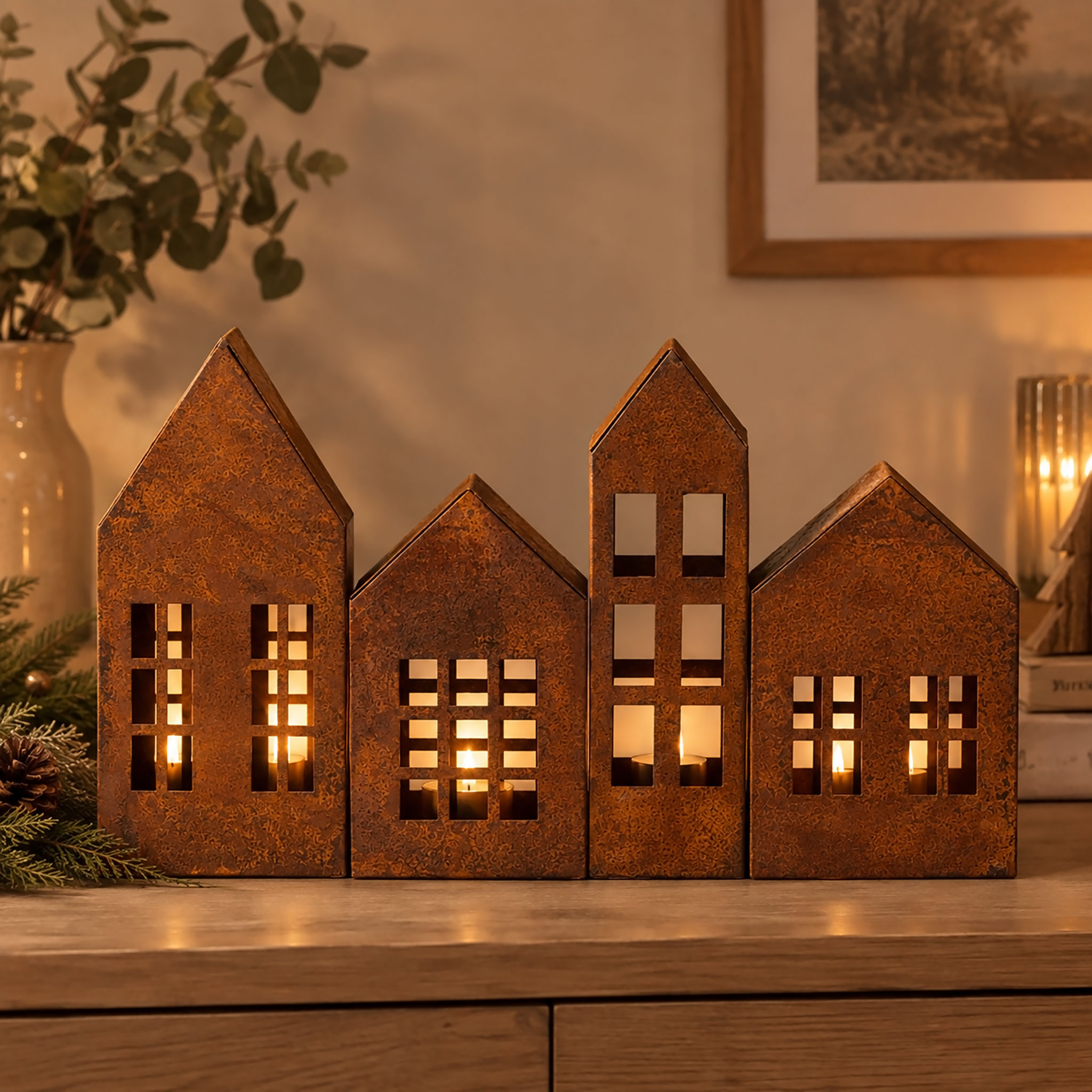 Metall Haus rotbraun mit Edelrost 4er Set - 2x 15 cm | 2x 20 cm - Weihnachtsdorf Teelichthalter mit Rost Patina