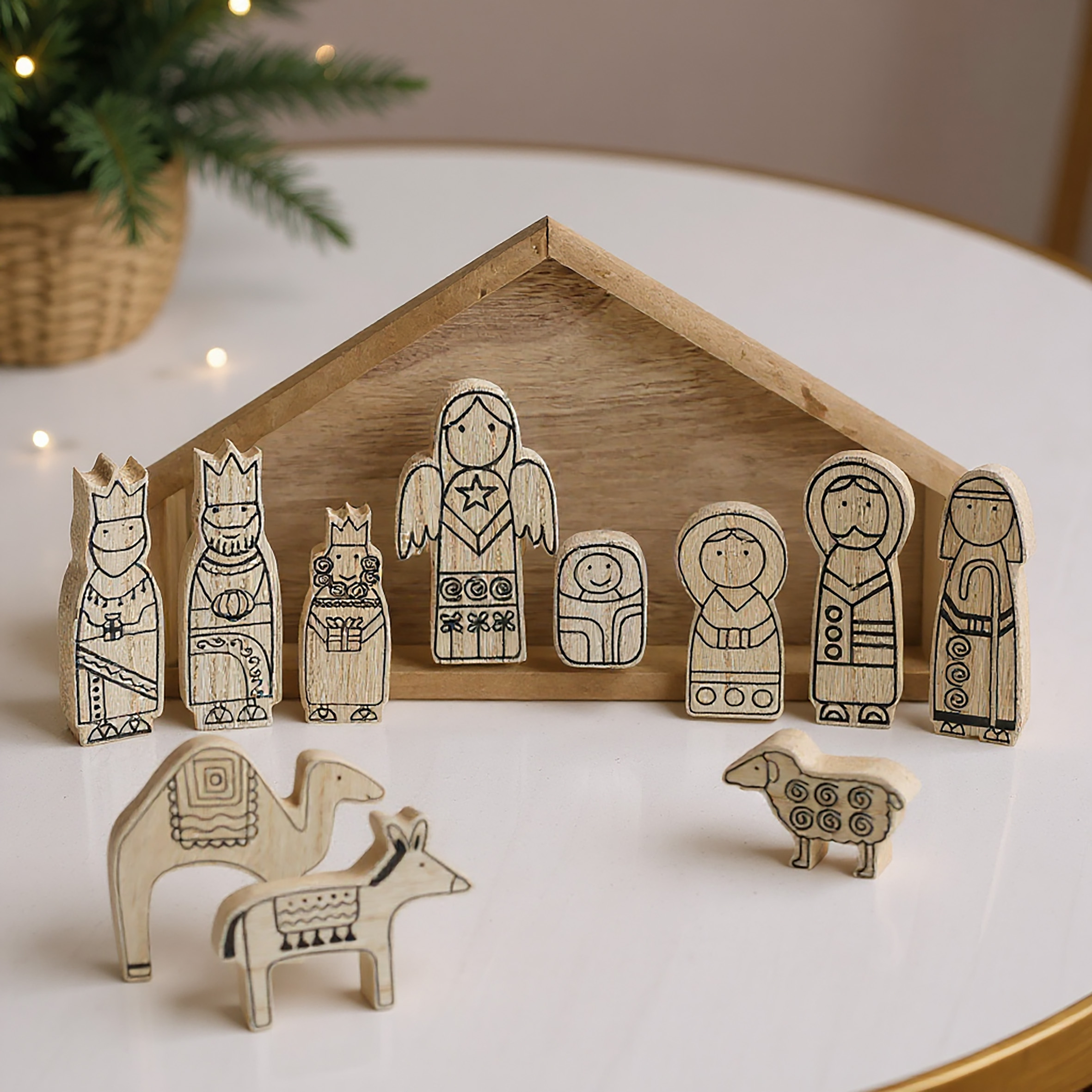 Weihnachts Krippenstall und Figuren aus Holz natur - 12 teilig - Weihnachtskrippe mit Stall und 11 Holzfiguren