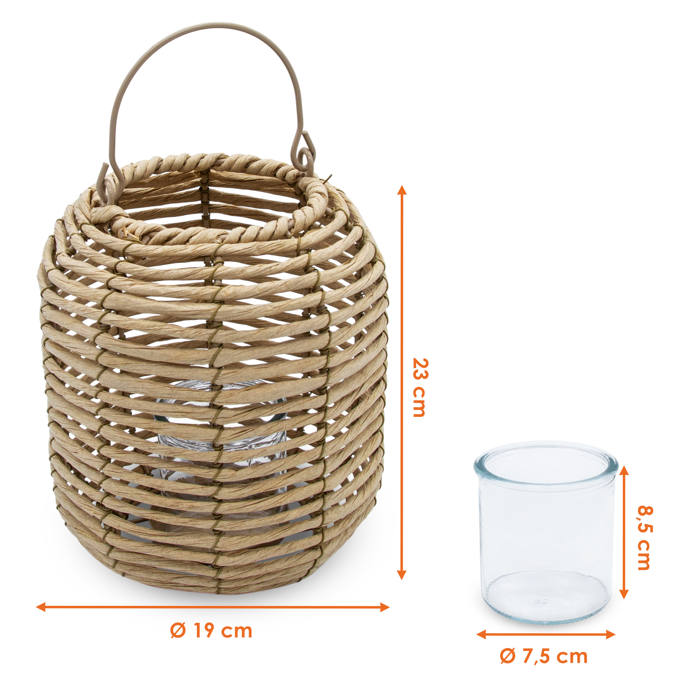 Rattan Windlicht rund natur mit Kerzenglas -  23 x 19 cm - Bast Laterne mit Bügel zum Hängen