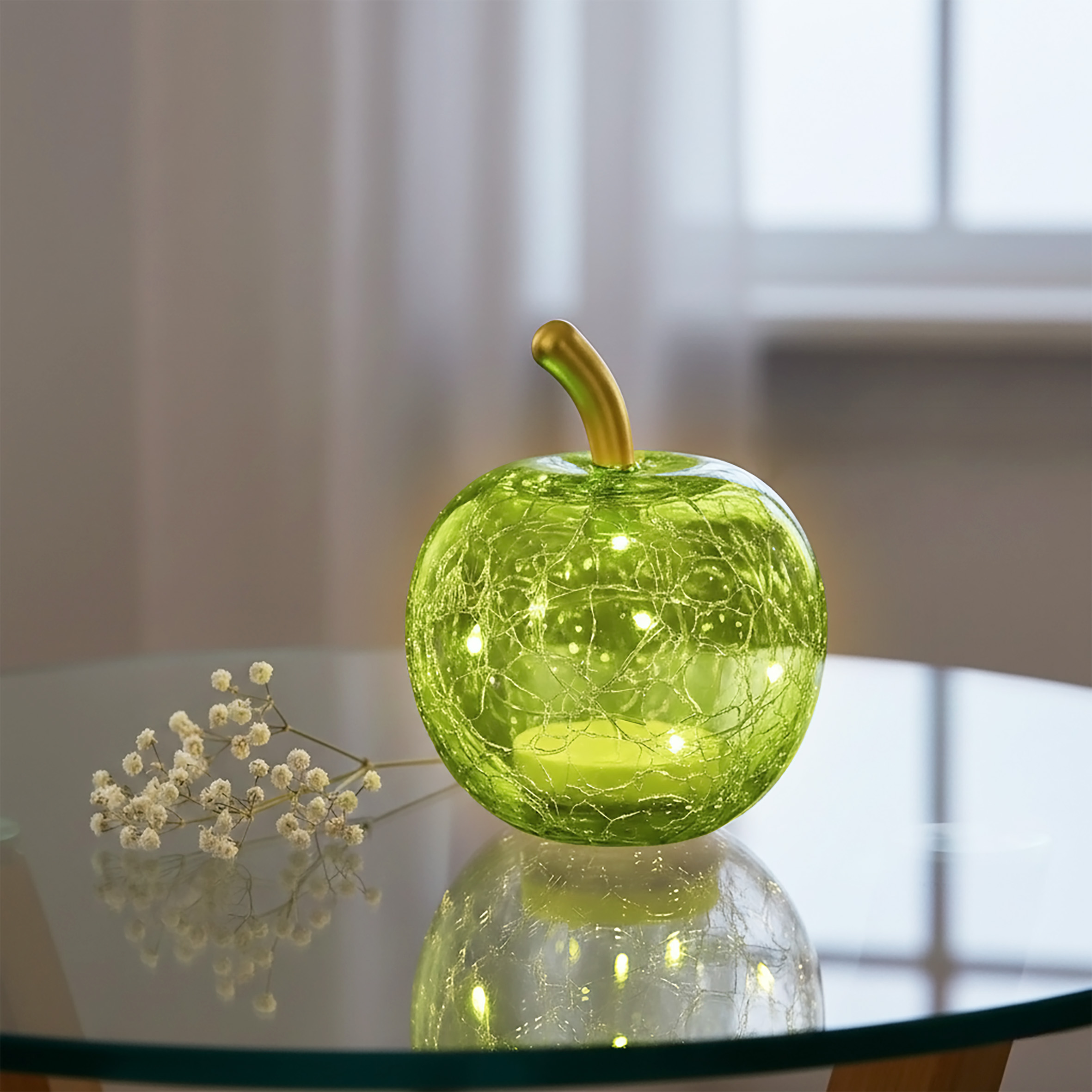 Mini Crackle Glas Apfel 7 cm mit 5 LED batteriebetrieben mit Timer - grün - Deko Frucht in Bruchglas Optik warm weiß beleuchtet