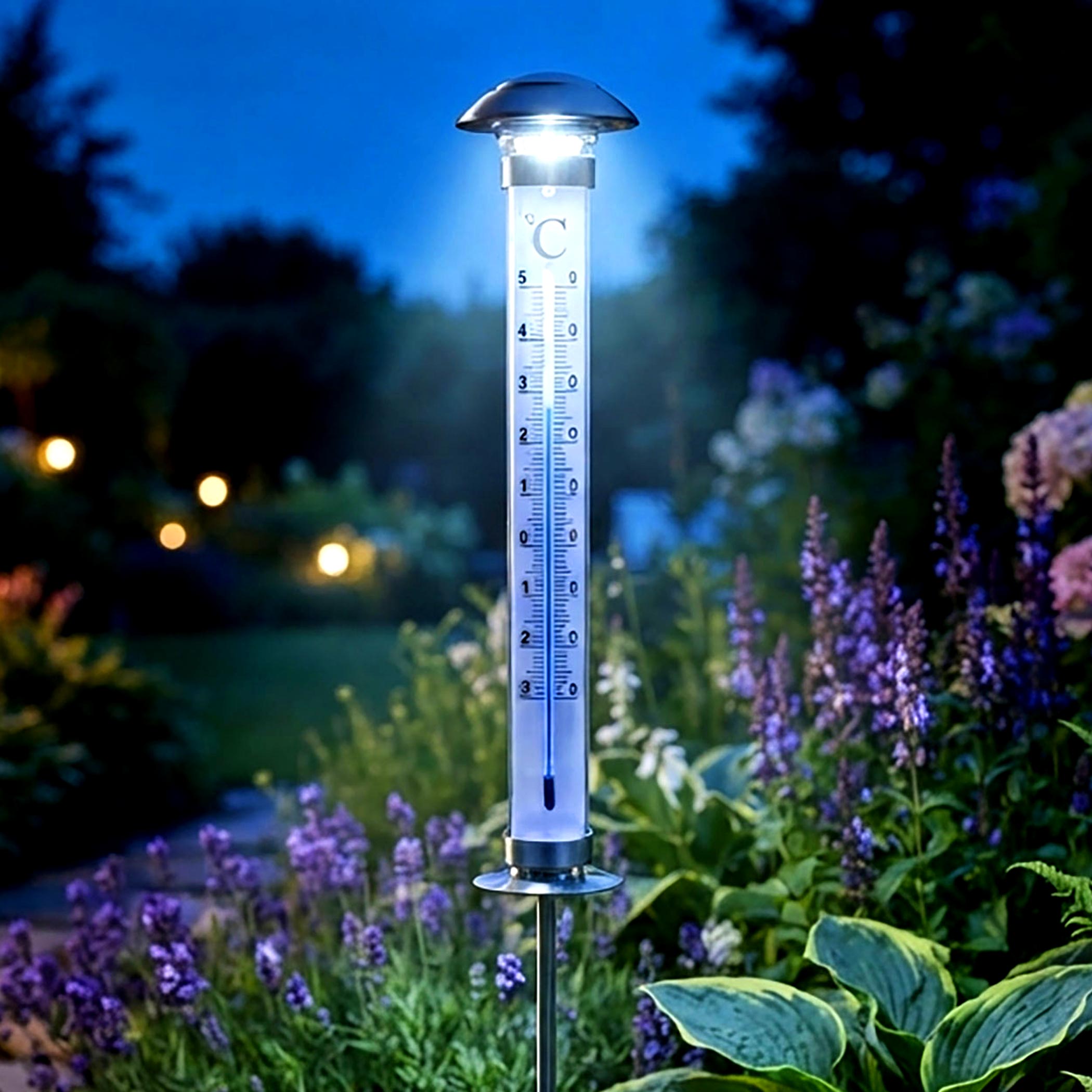 XXL Solar Außenthermometer - 112 cm - beleuchtetes Gartenthermometer mit Erdspieß