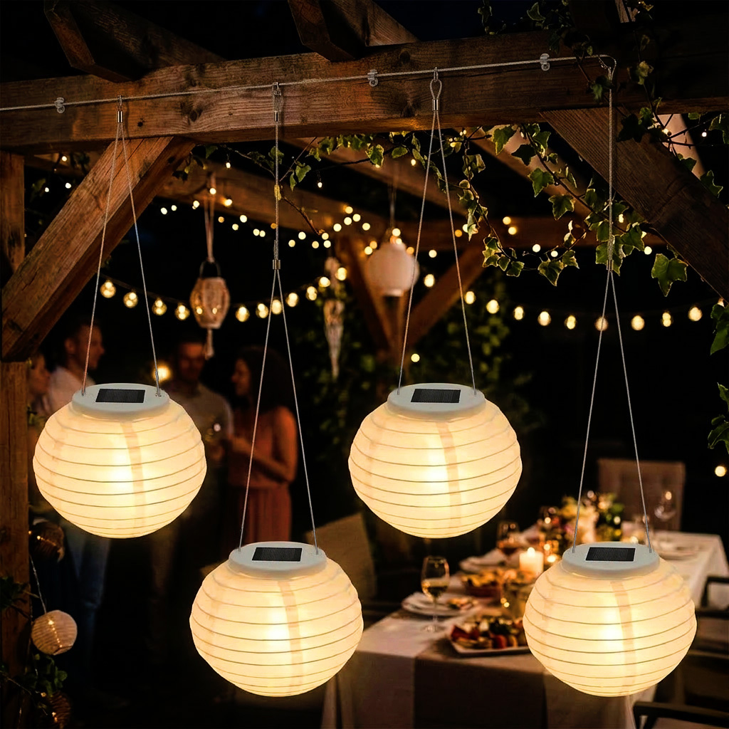LED Solar Lampion rund 12 cm aus Nylon - 4er Set