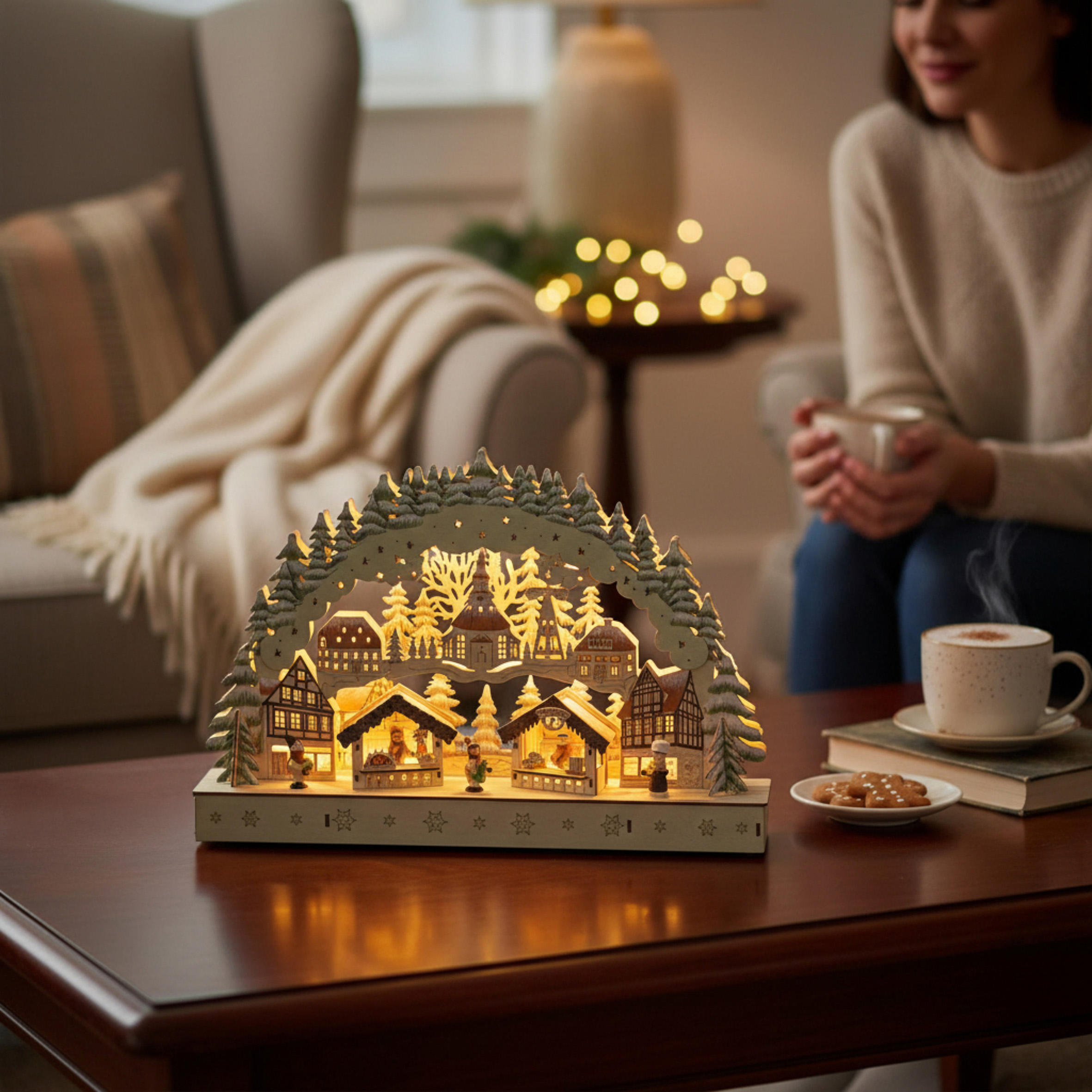 LED Holz Schwibbogen 44 x 30 cm - Motiv: Wintermarkt - Deko Lichterbogen mit Weihnachtsmotiv