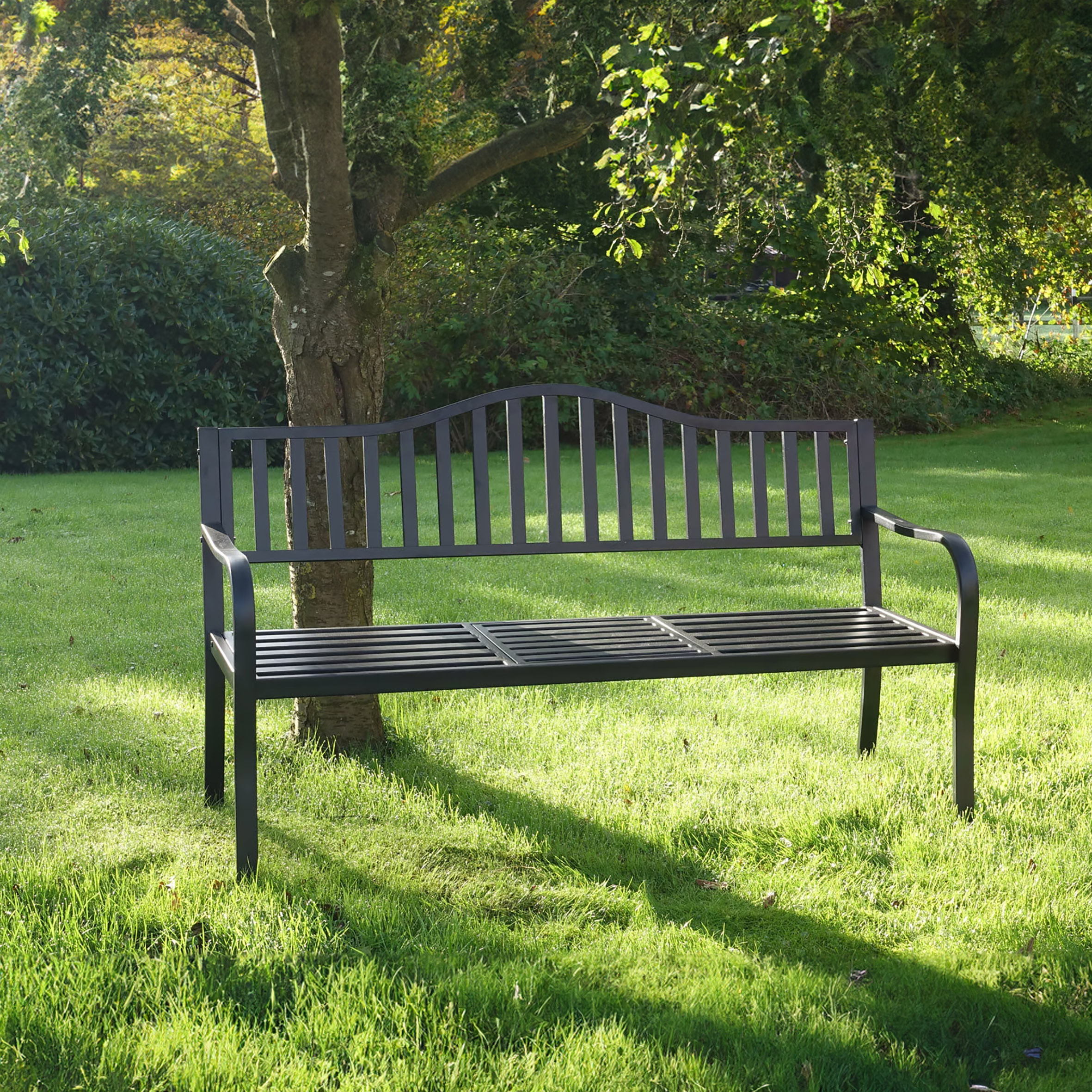 Metall Gartenbank mit integriertem Tisch - 150 cm / 3-Sitzer - Sitzbank 2in1 schwarz pulverbeschichtet