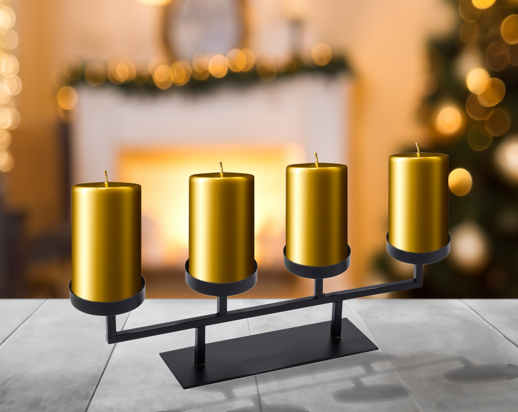 Advents Kerzenständer schwarz für 4 Stumpenkerzen - 48 x 13 cm - Metall Kerzenleuchter eckig 