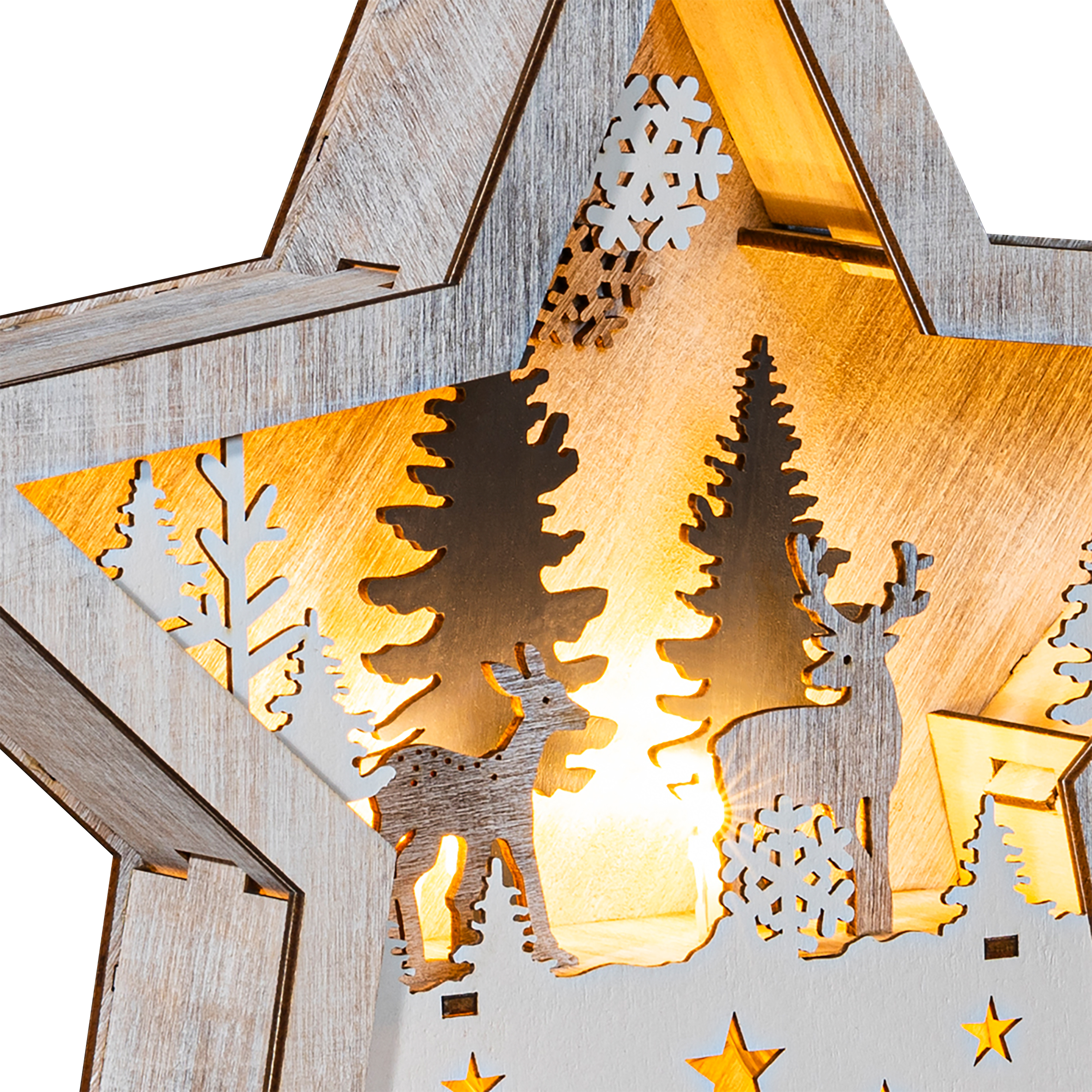 LED Weihnachts Stern aus Holz 25 cm - Rentier im Wald - Deko Aufsteller warm weiß beleuchtet