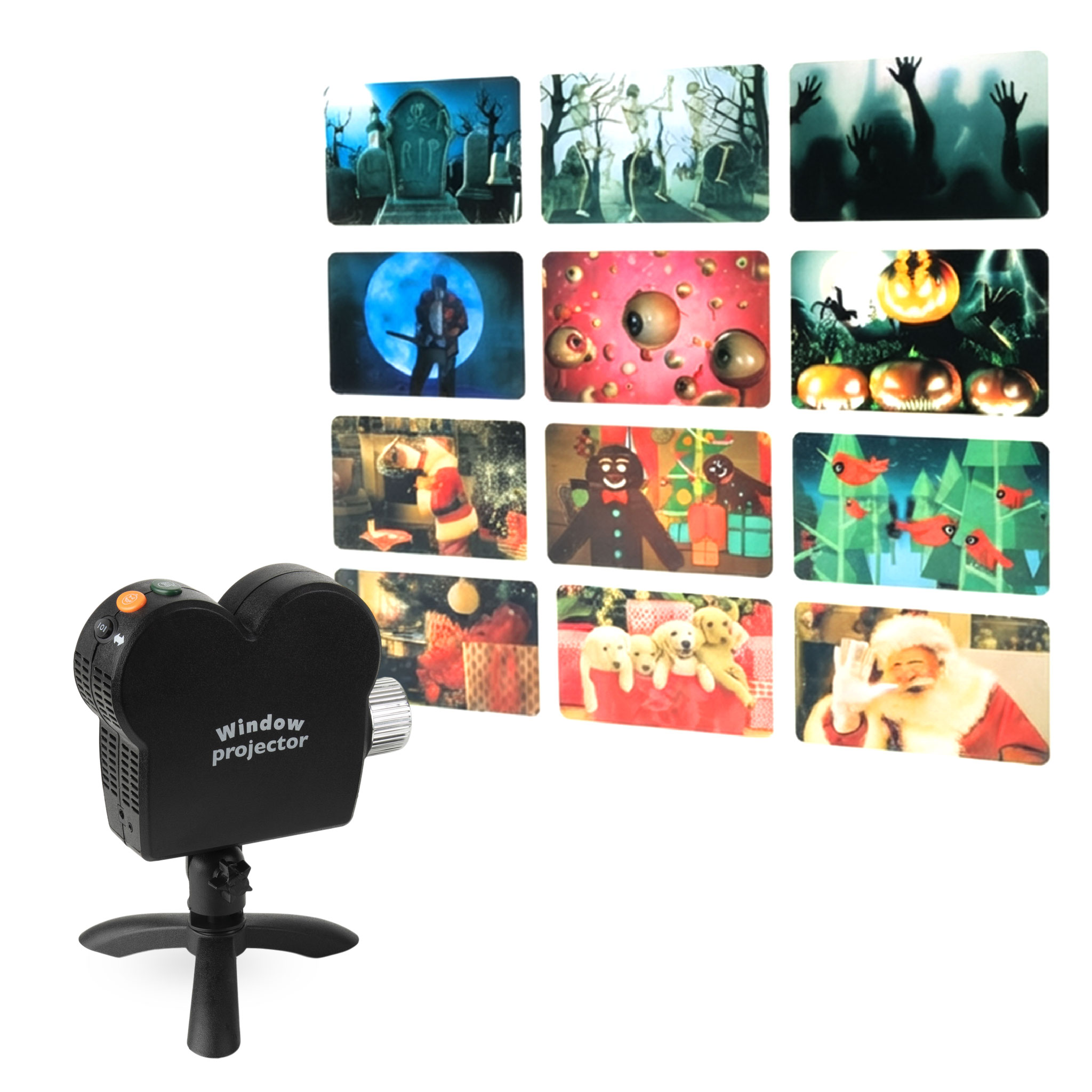 Fensterprojektor für Innen mit 12 Filmen - 6x Halloween & 6x Weihnachten - Deko Projektor im Retro Design inklusive Leinwand und Stativ