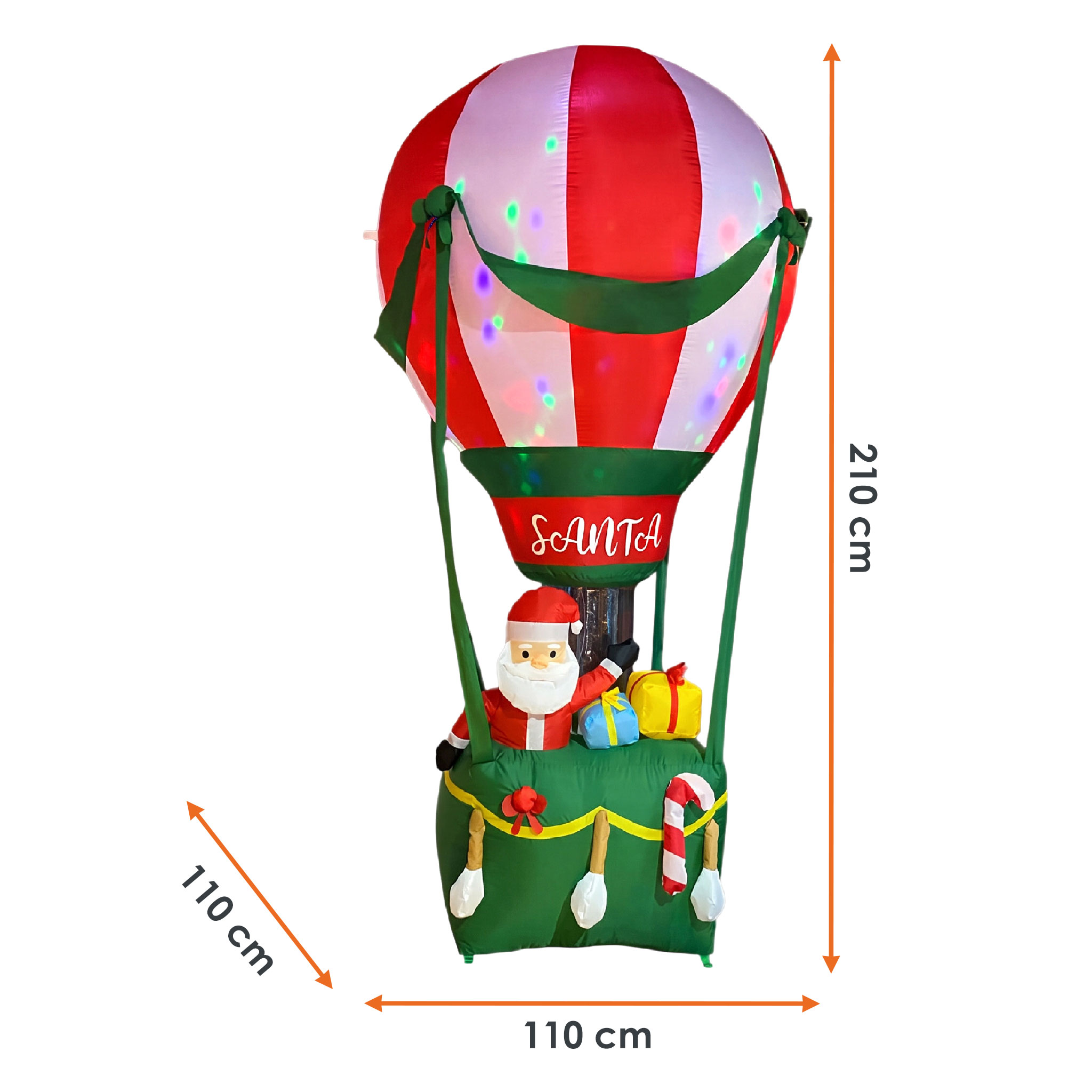Aufblasbarer XL Weihnachts Heißluftballon mit LED Beleuchtung - 210 x 110 cm - Riesen Nikolaus Gartendeko selbstaufblasend bunt beleuchtet