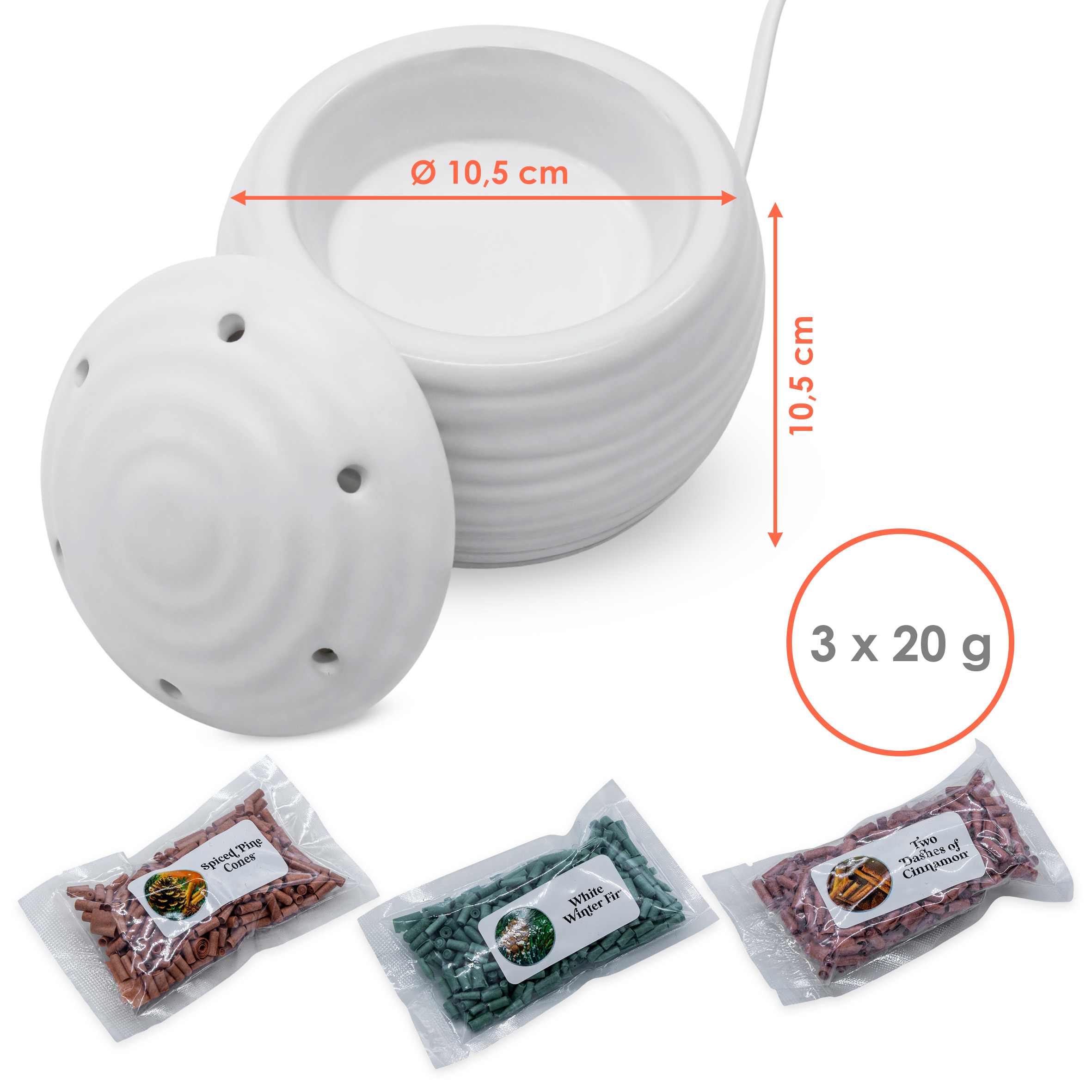 Elektrische Duftlampe für Weihnachtsduft Granulat - 10 cm - Keramik Aroma Diffusor inklusive 3 Beutel Duftgranulat 1x Wintertanne 1x Pininzapfen 1x Zimtstange