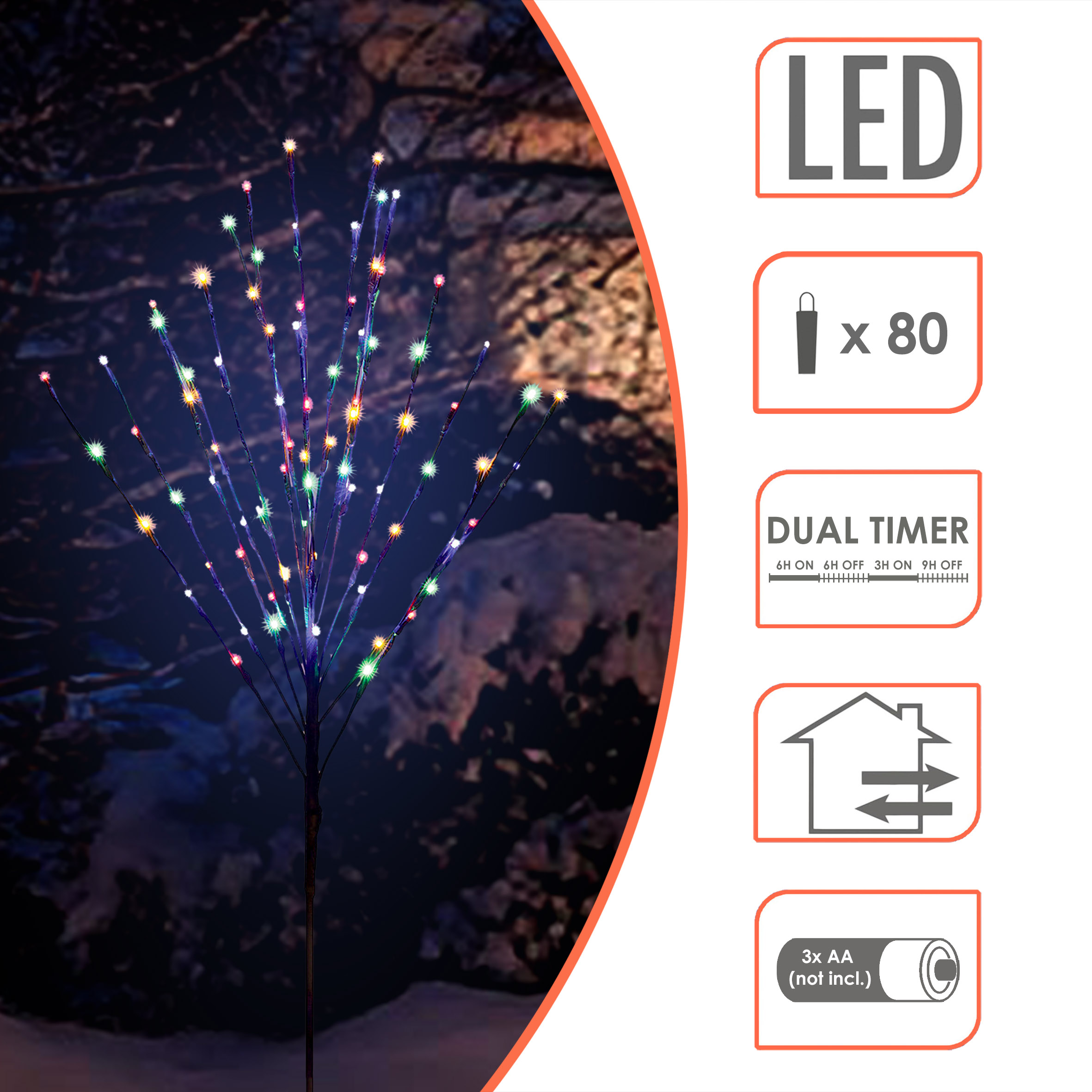 Lichterbaum 110 cm multicolor für Außen mit Dual Timer - 80 LED - Deko Baum bunt beleuchtet Batterie betrieben