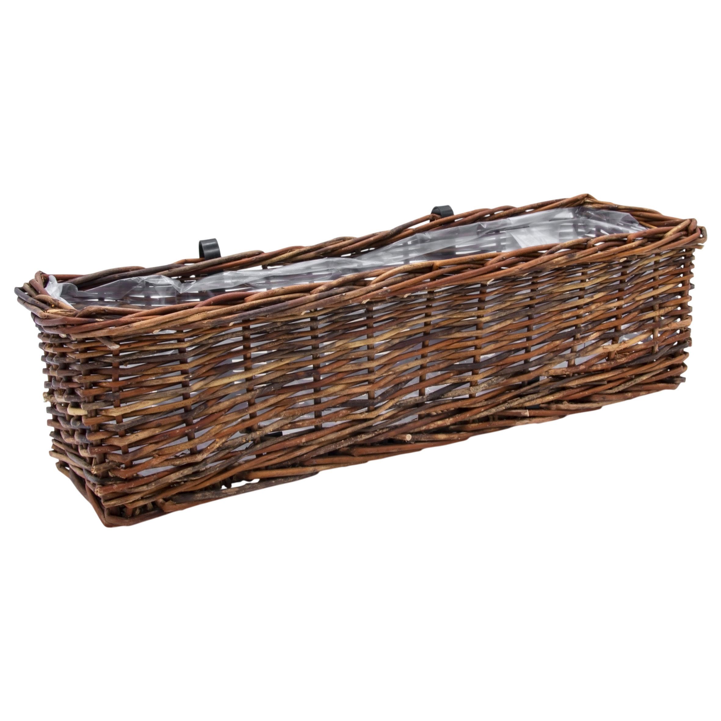 Rattan Balkonkasten eckig mit Folie natur dunkel - 60 x 19 cm - Rattan Blumenkasten mit Aufhängung für Geländer bis 3,5 cm