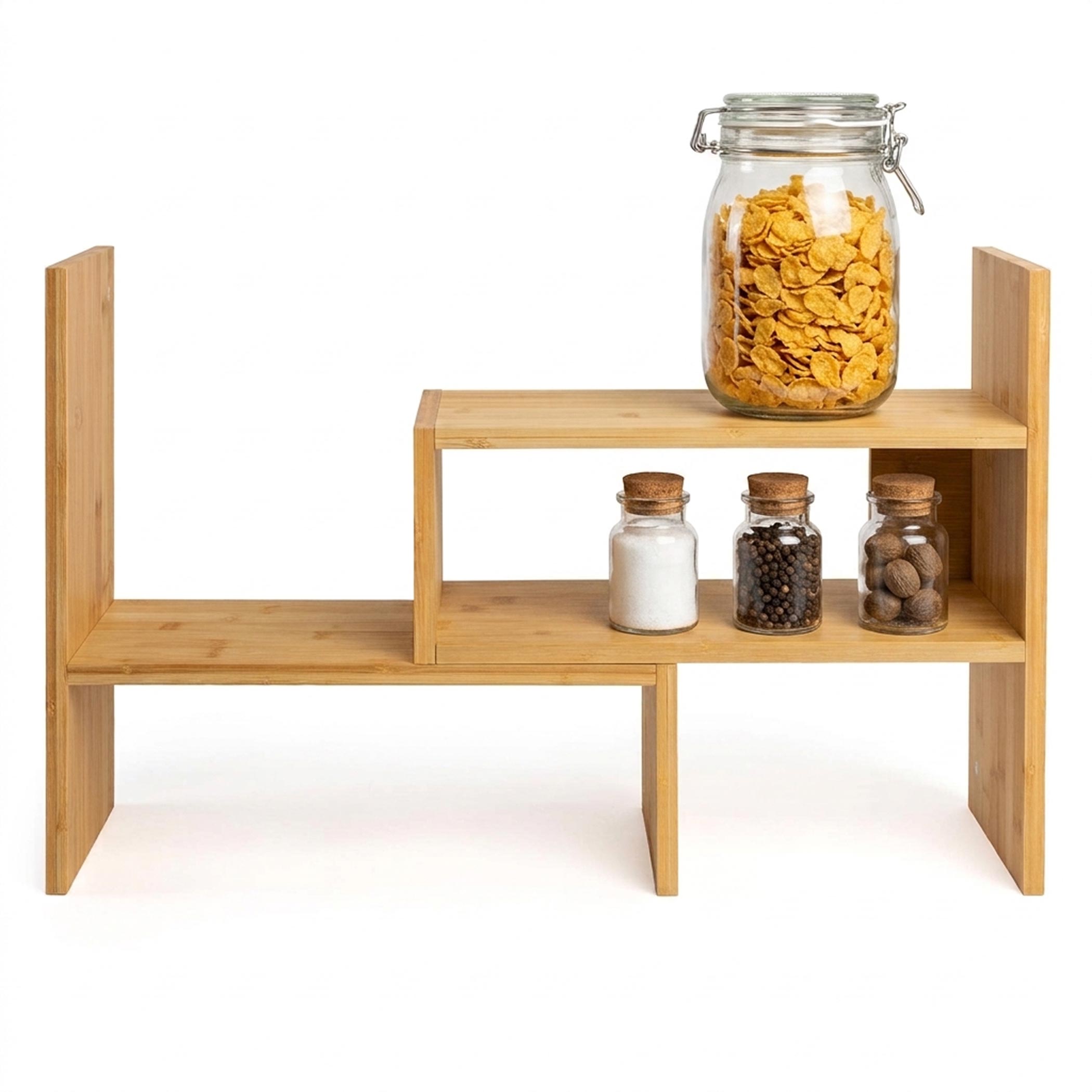 Bambus Küchen Organizer ausziehbar und variabel stellbar - 41-63 x 17 cm - Holz Küchenregal mit 3 Aufstellmöglichkeiten