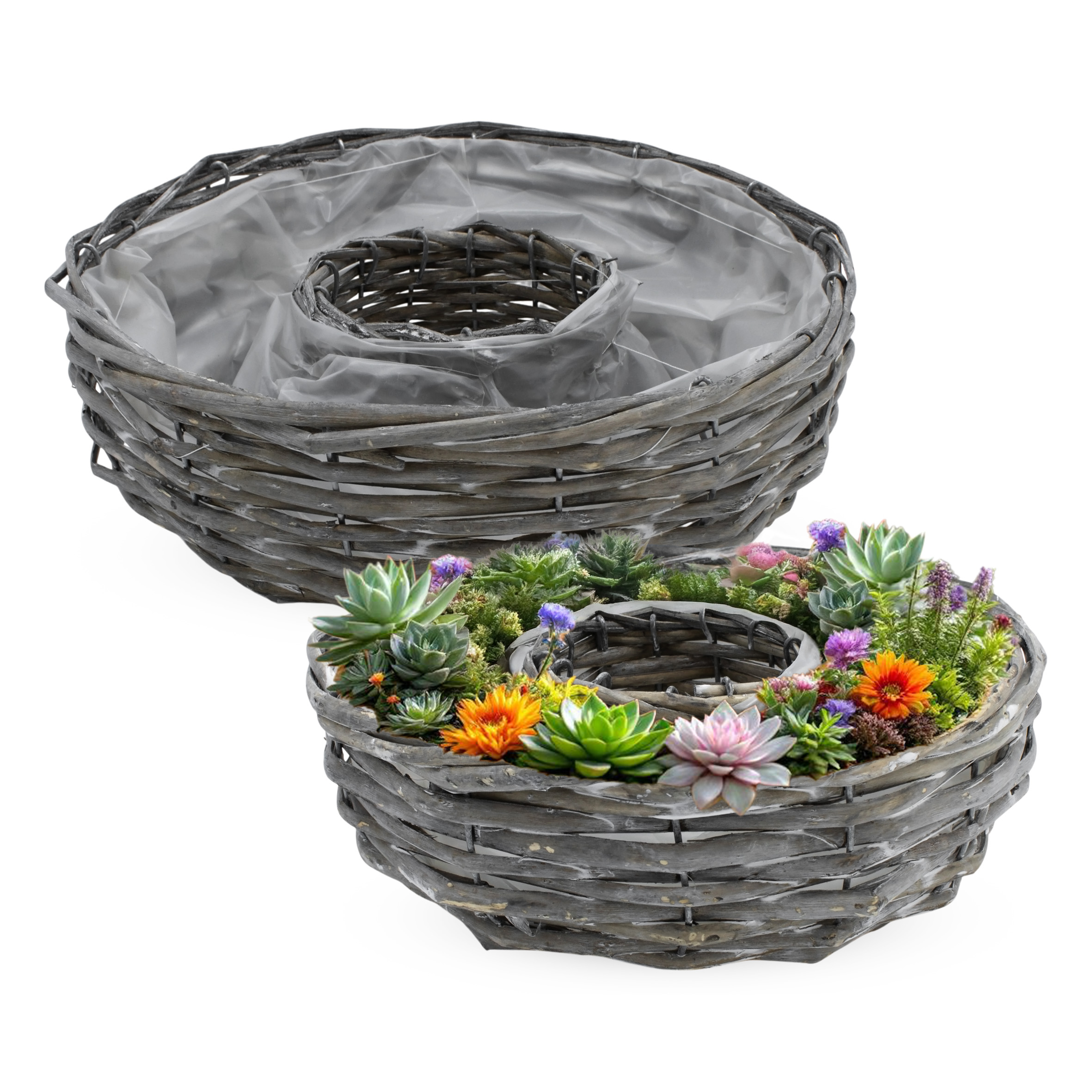 Rattan Pflanzring natur mit Folie 2er Set - 30 / 25 cm