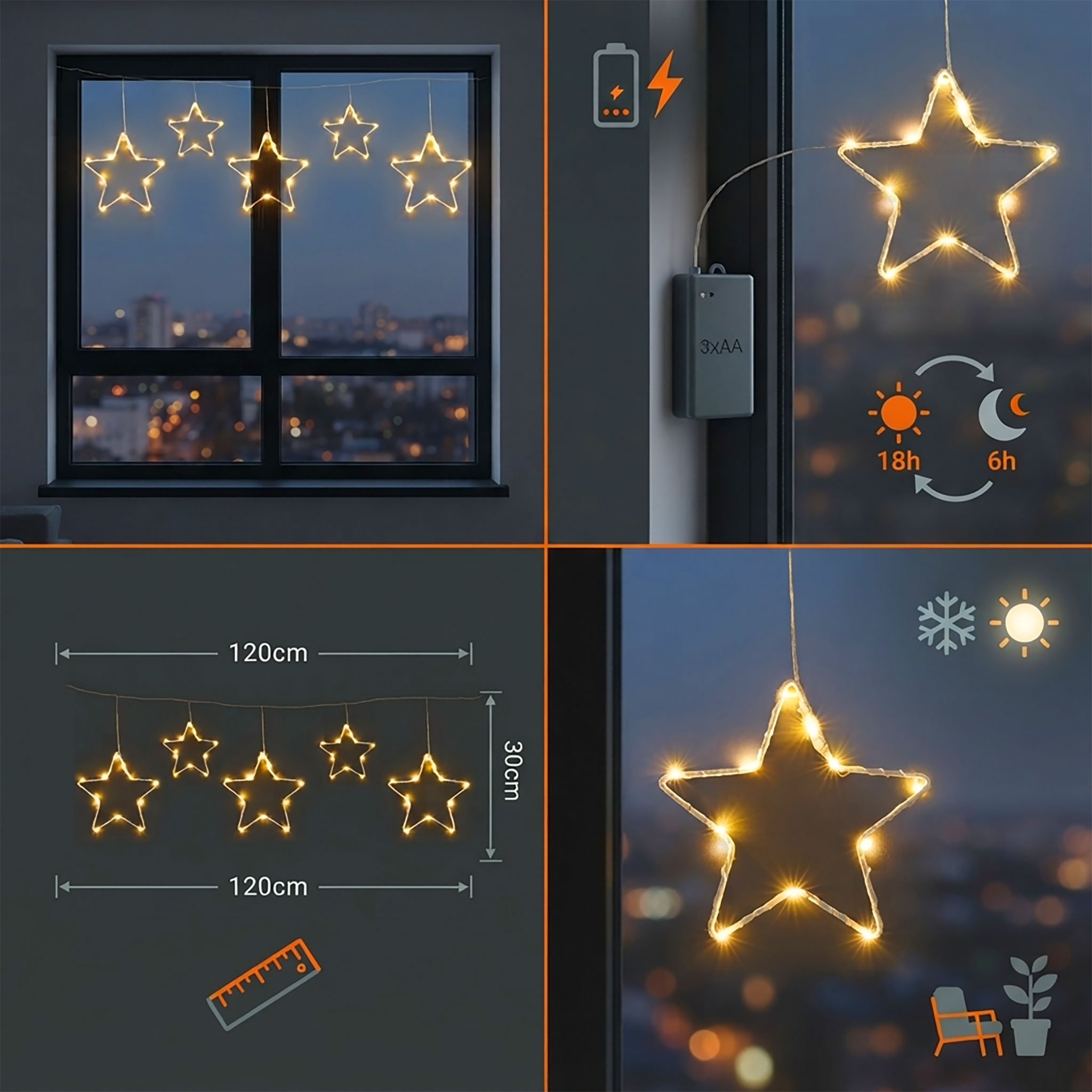 LED Lichtervorhang mit 5 Metall Sternen warm weiß - 120 x 30 cm - Weihnachts Lichterkette mit Timer Funktion