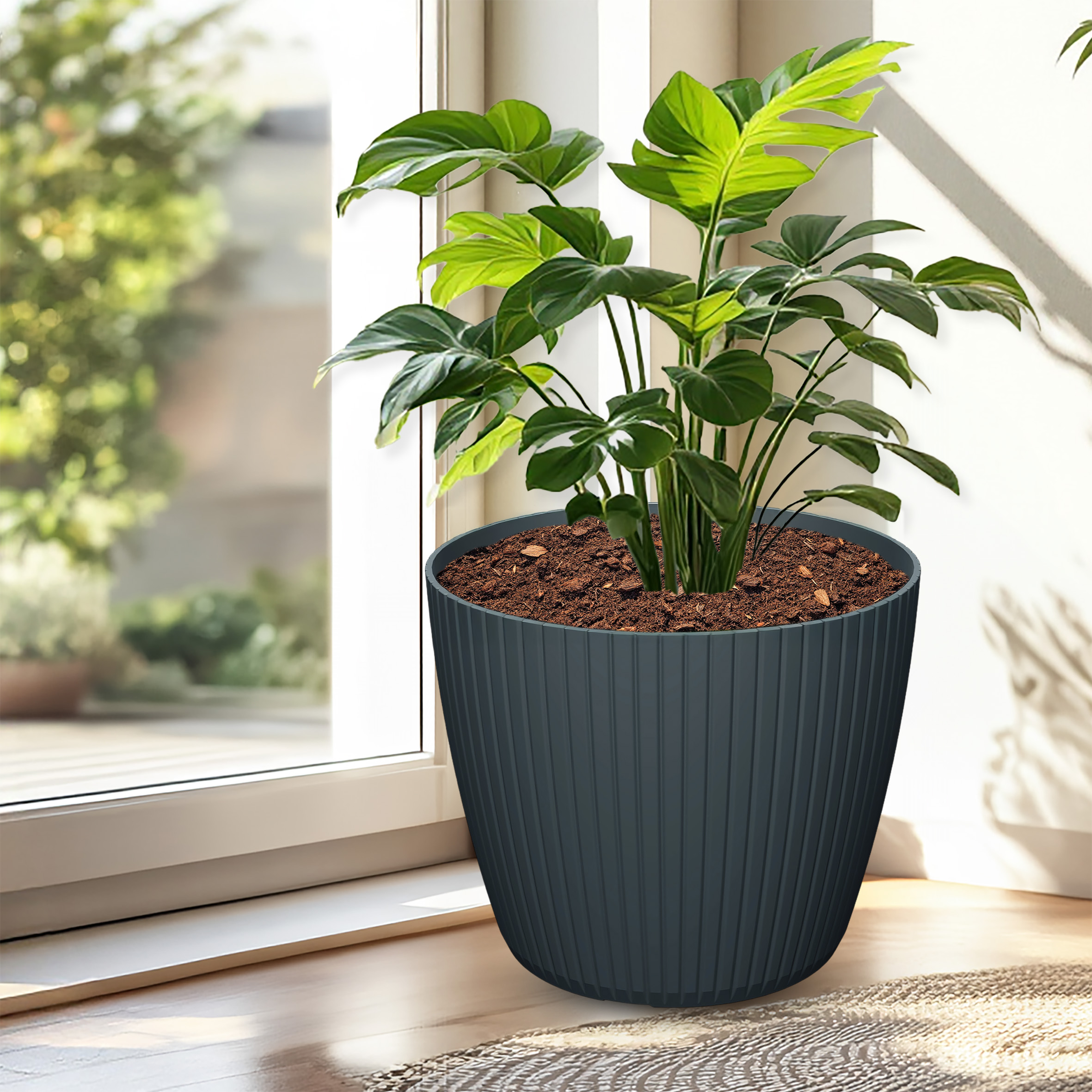 Blumenkübel im Rillen Design rund anthrazit - 38 x 32 cm - Kunststoff Pflanzkübel für Innen und Außen