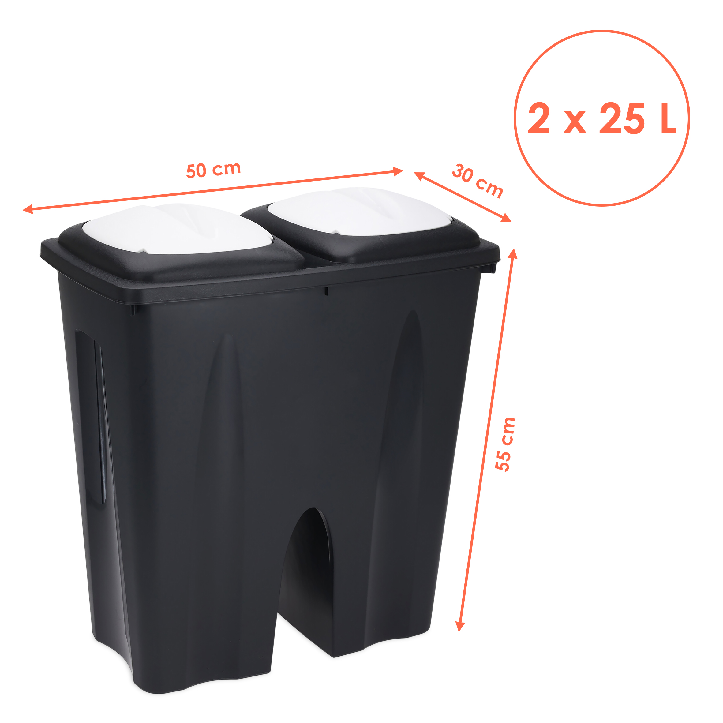 Duo Mülleimer 50 Liter schwarz mit Push Deckel in weiß - 2x 25 L - Kunststoff Doppel Abfalleimer recycelbar mit Klappverschluss