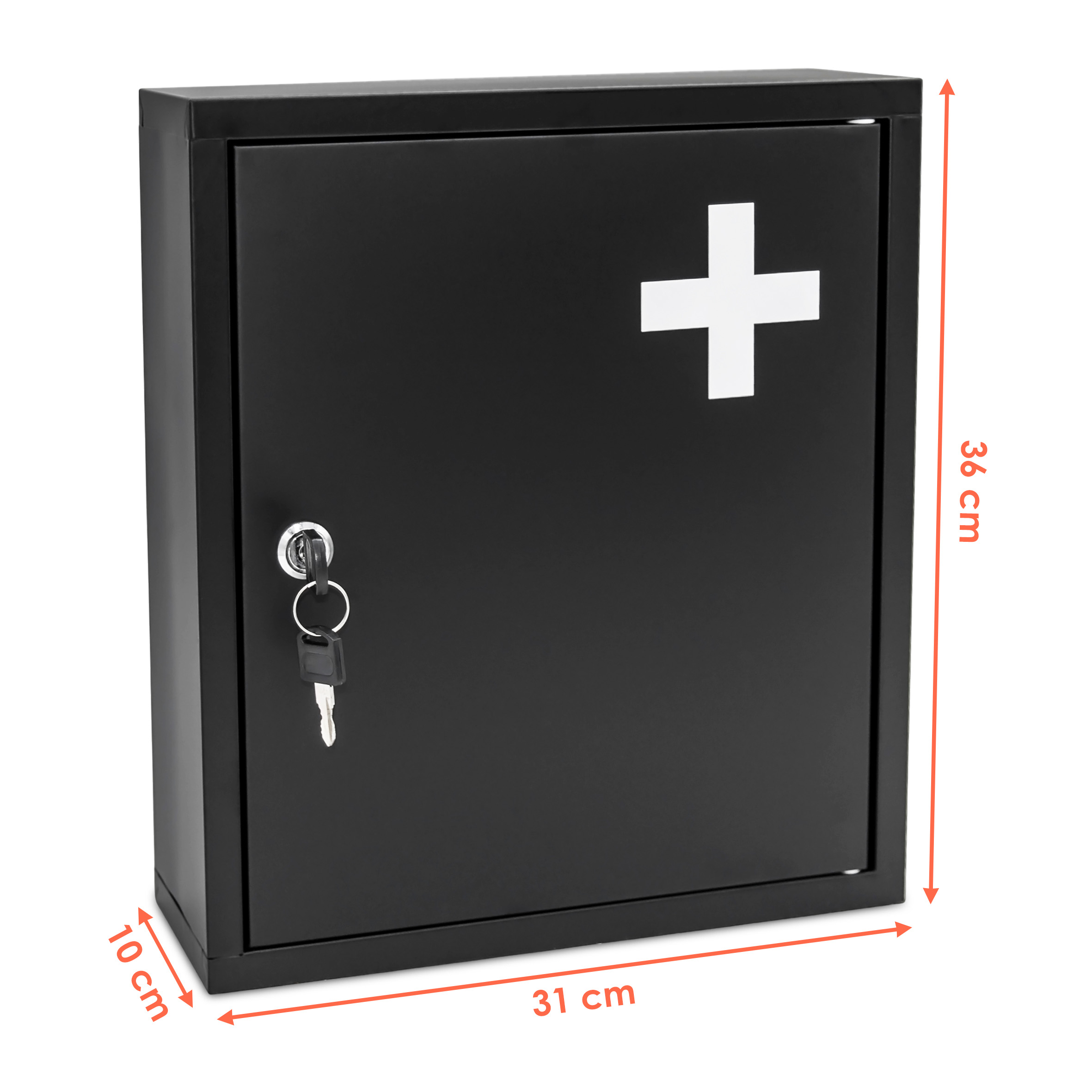 Metall Medizinschrank schwarz abschließbar 2 Fächer - 36 x 31 cm - Arzneischrank für Wandmontage inklusive 2 Schlüssel