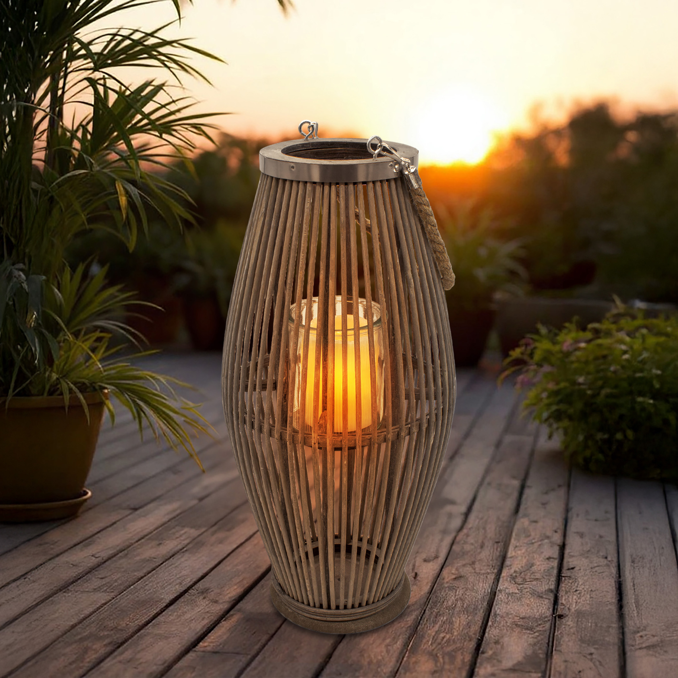 XXL Bambus Laterne shabby grau mit Kerzenglas - 50 x 24 cm - Holz Windlicht mit Jute Seil zum Hängen