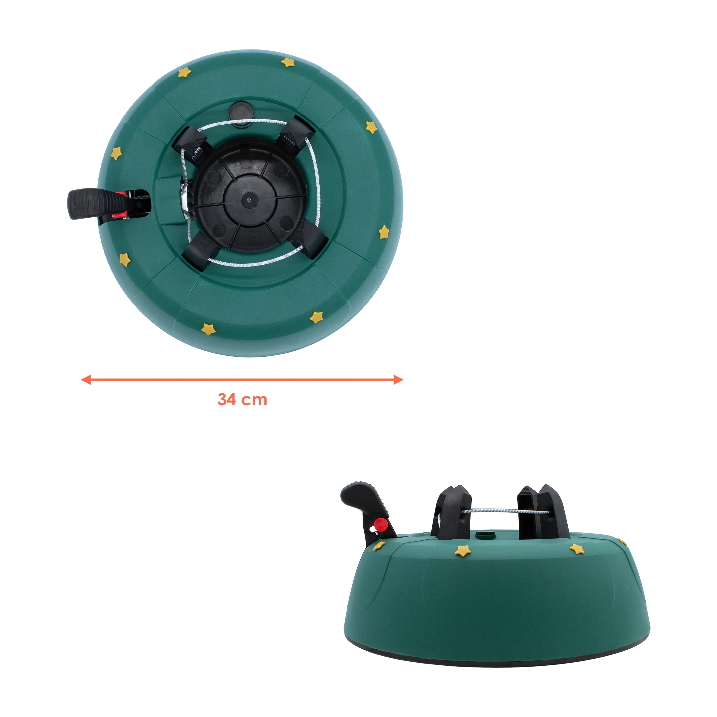 Christbaum Ständer grün mit Einseiltechnik und Fußhebel - 34 cm - Weihnachtsbaumständer mit Wassertank für Bäume bis 2,5 m