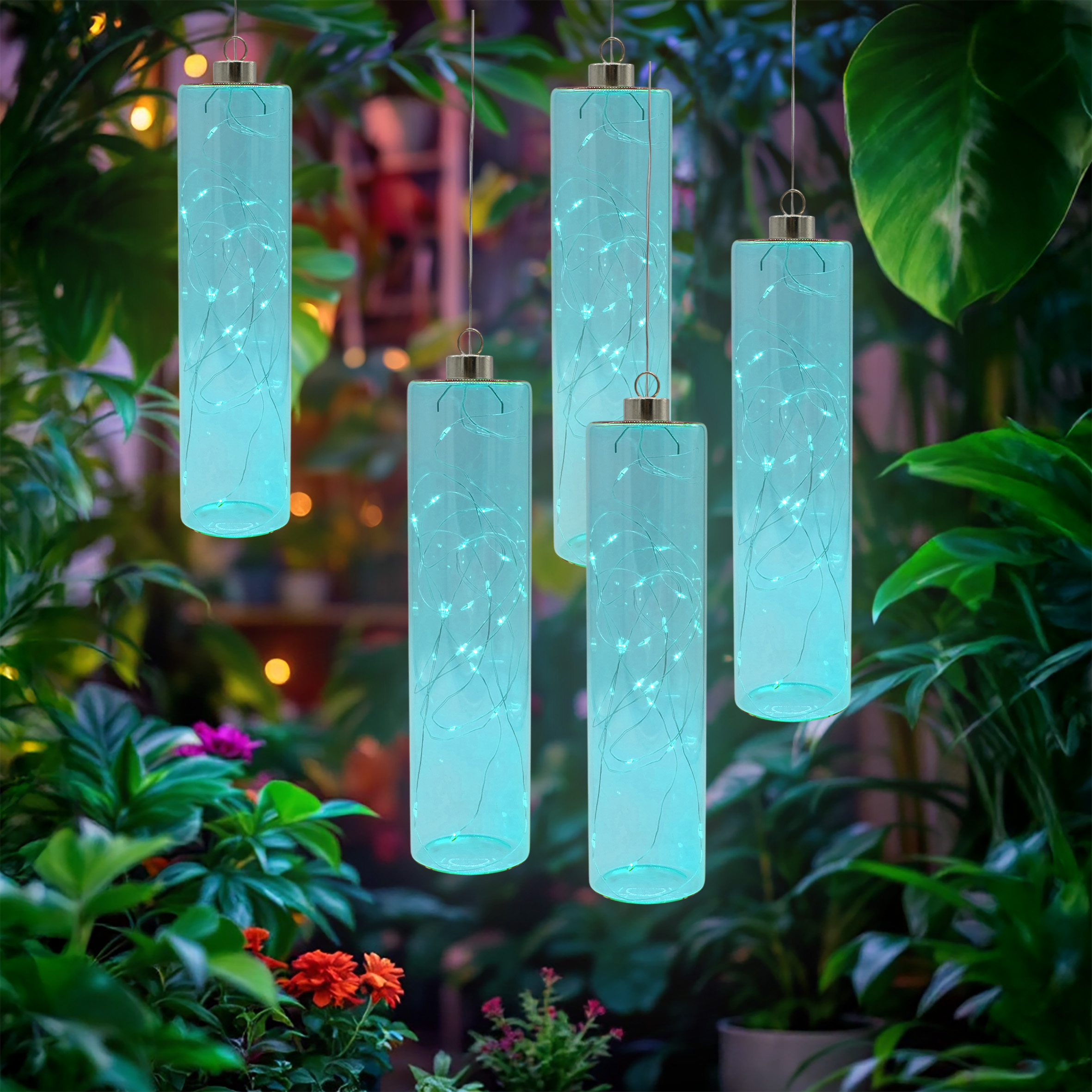 LED Glas Pendelleuchte petrol blau mit Timer - 24 x 6 cm - Hängelampe Batterie betrieben warm weiß beleuchtet
