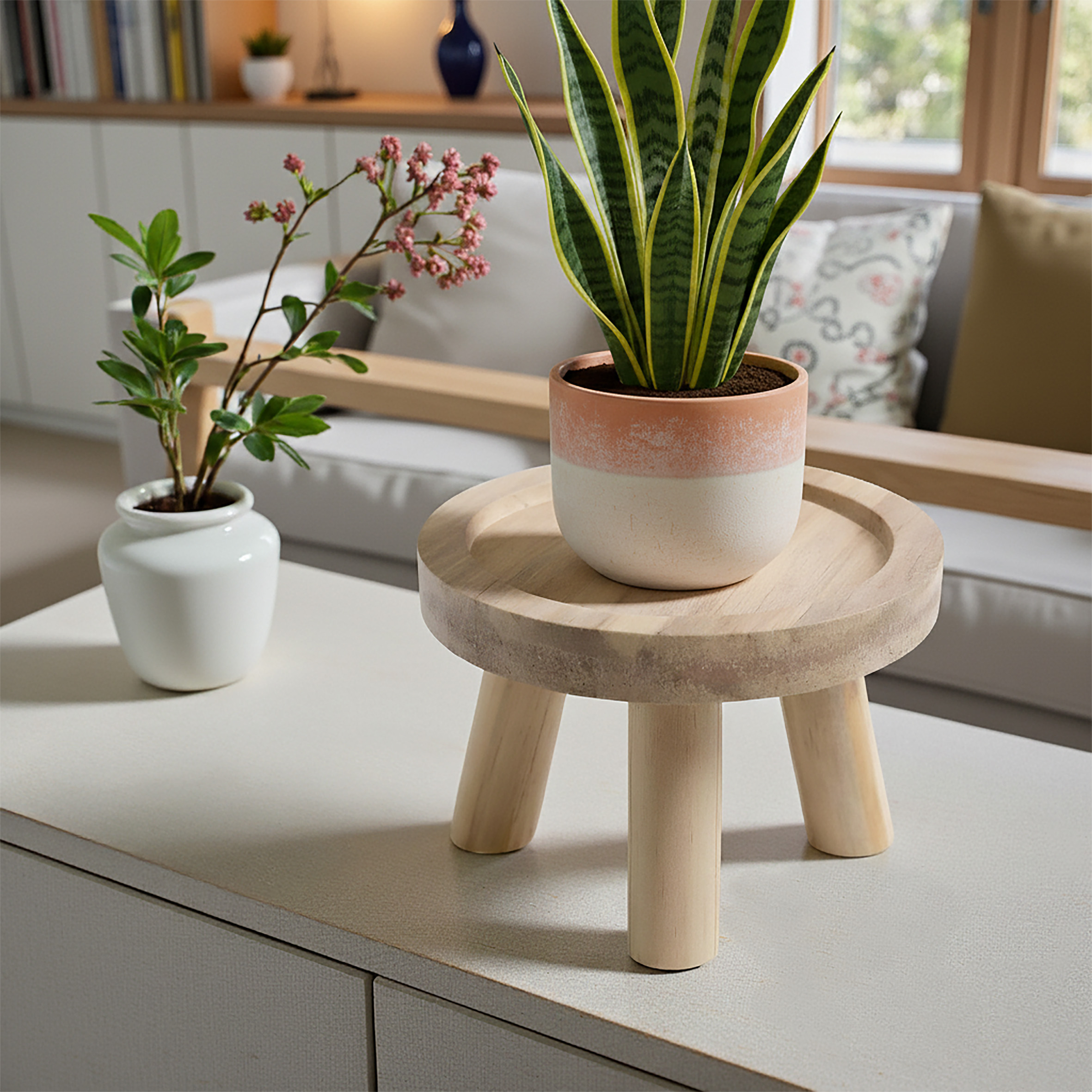 Holz Blumenhocker mit 3 Beinen - Ø 20 cm - Deko Hocker rund naturbelassen