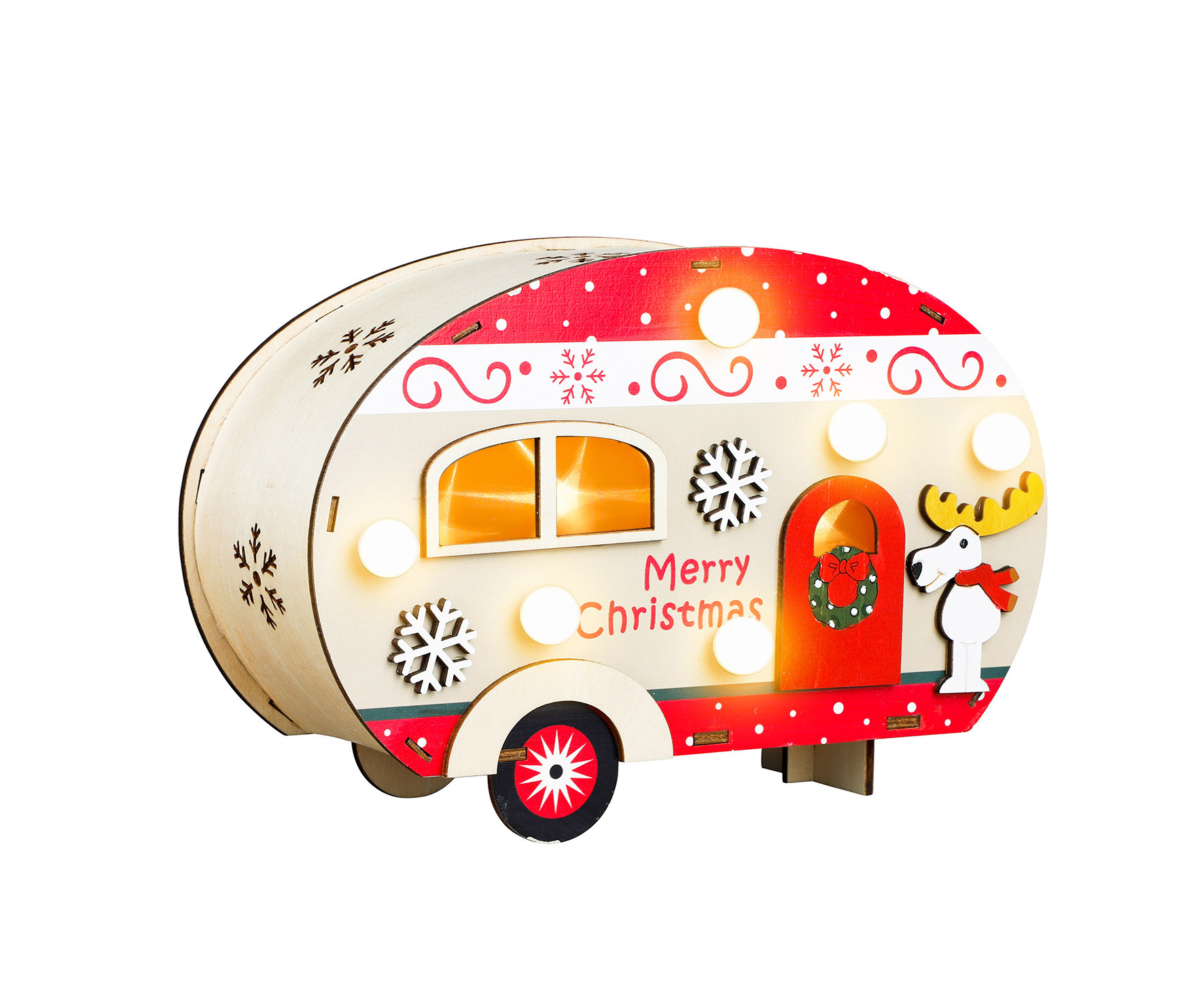 LED Deko Wohnwagen aus Holz mit Beleuchtung - 21 x 14 cm - Weihnachts Caravan mit 10 LED in warm weiß