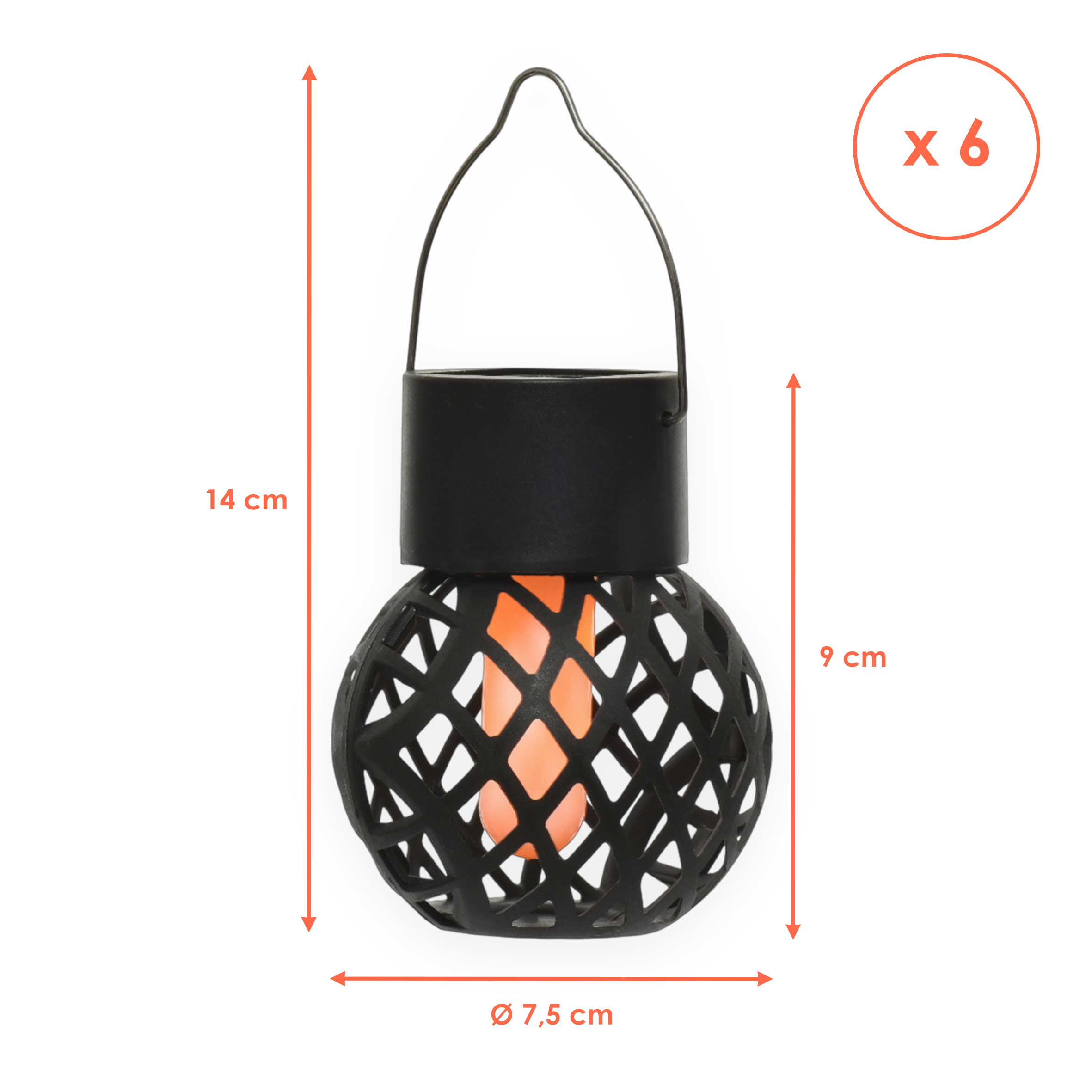 Solar Mini Hängeleuchten 9 x 7 cm mit Flammeneffekt - 6er Set - LED Laternen klein zum Hängen für Außen