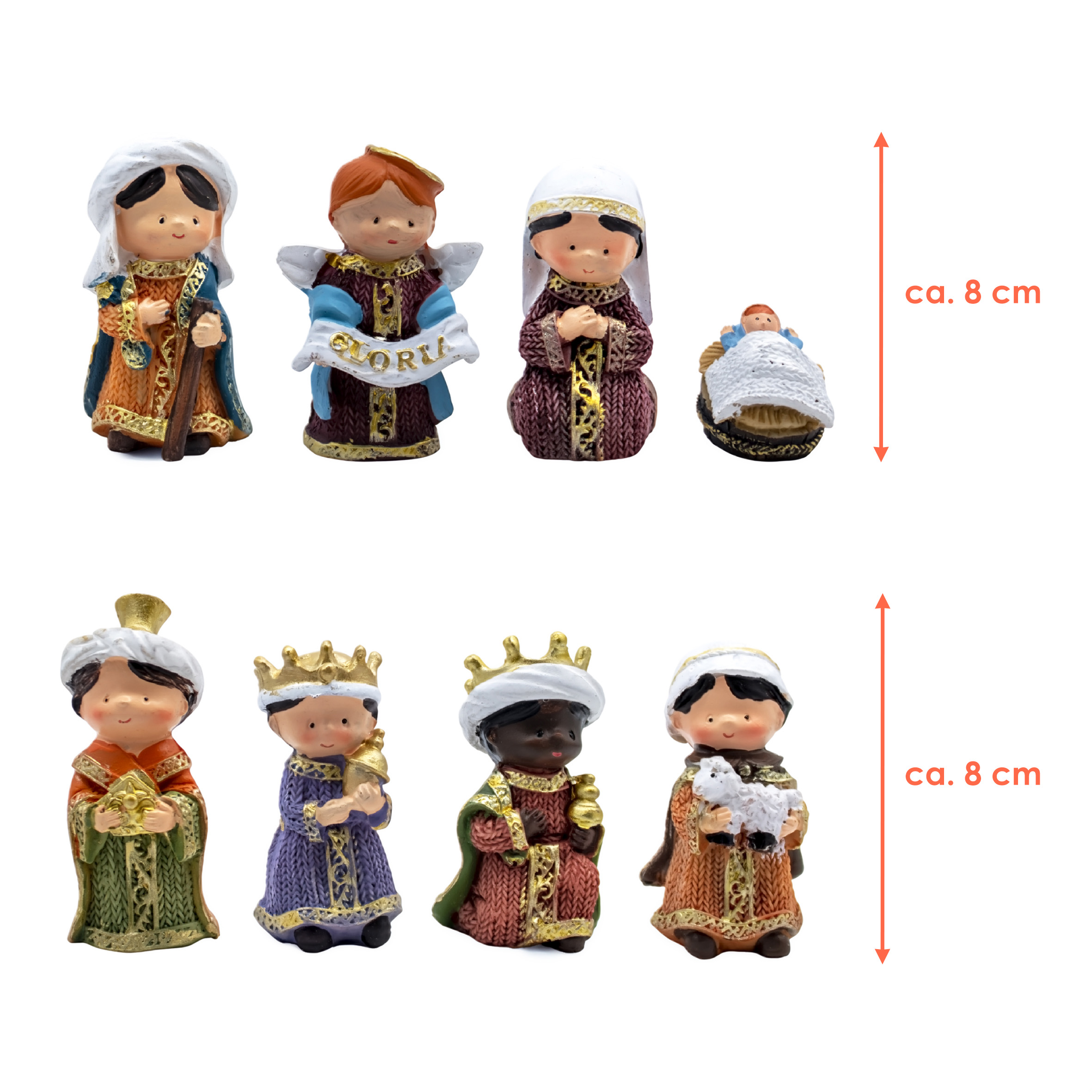 Weihnachts Krippenfiguren Set aus Kunststein handbemalt 8 cm - 8-teilig - Weihnachtskrippe Tischdeko Figuren aus Polyresin detailiert bemalt