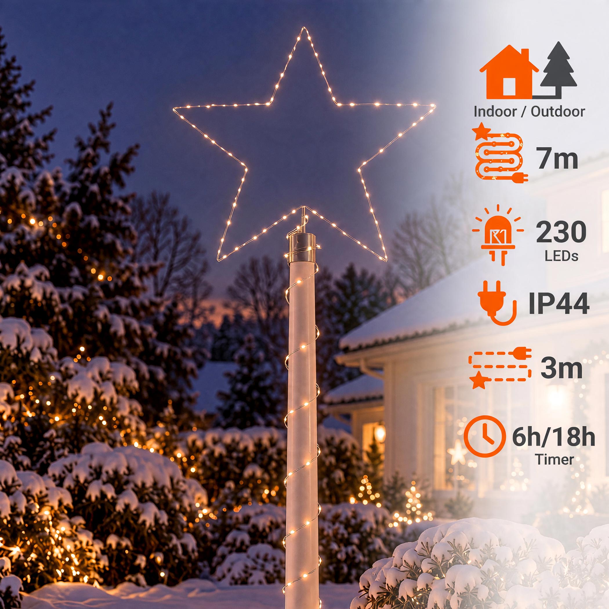 LED Metall Stern Spitze 80 cm für Fahnenmast bis 6,20 m mit Netzteil für Außen - 230 LEDs - Leuchtstern Silhouette silber mit 7 m Lichterkette in warm weiß mit Timer