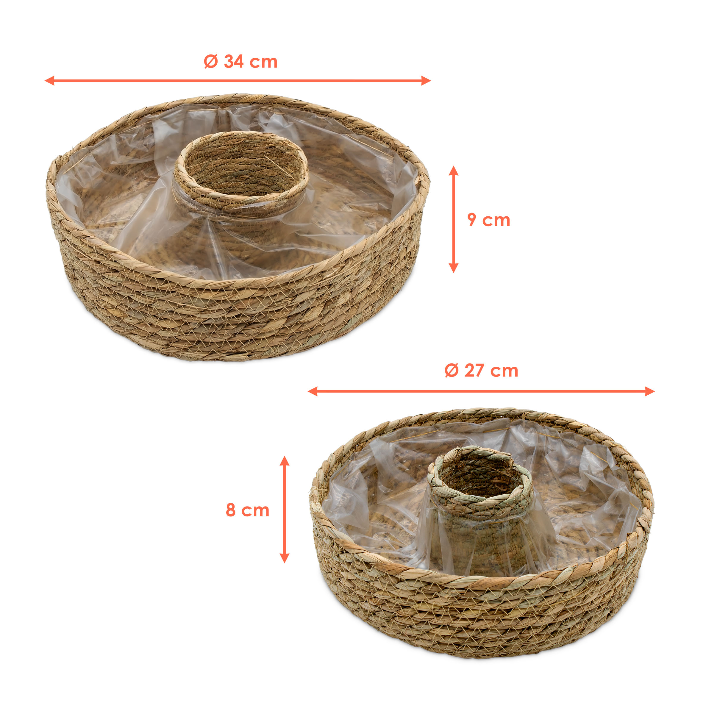Seegras Pflanzring natur 2er Set mit Folie - 34 / 27 cm - Naturfaser Blumenschale zum direkten Bepflanzen