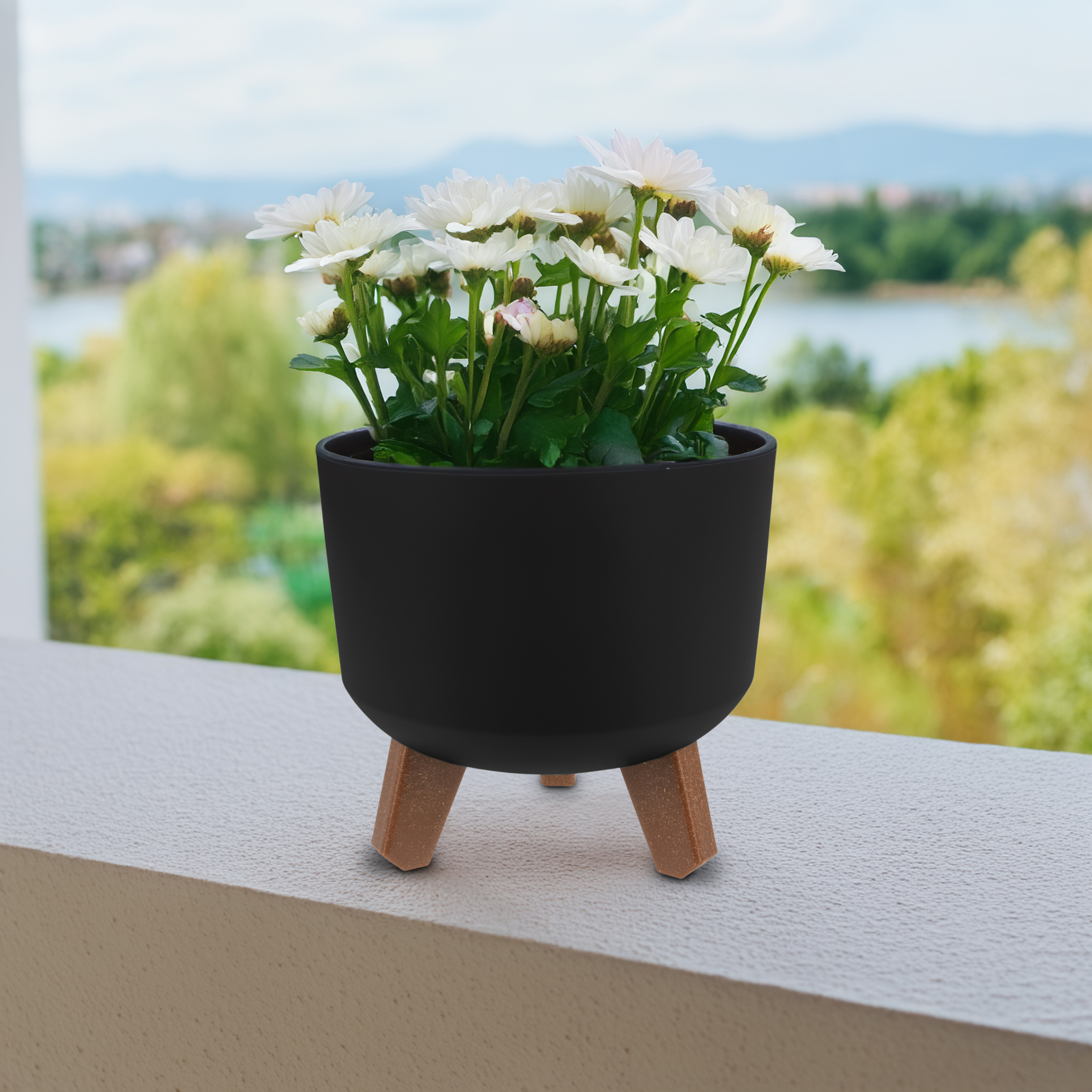 Kunststoff Blumentopf auf Füßen schwarz - klein / Ø 19 cm - Pflanztopf rund mit Wasserspeicher Boden