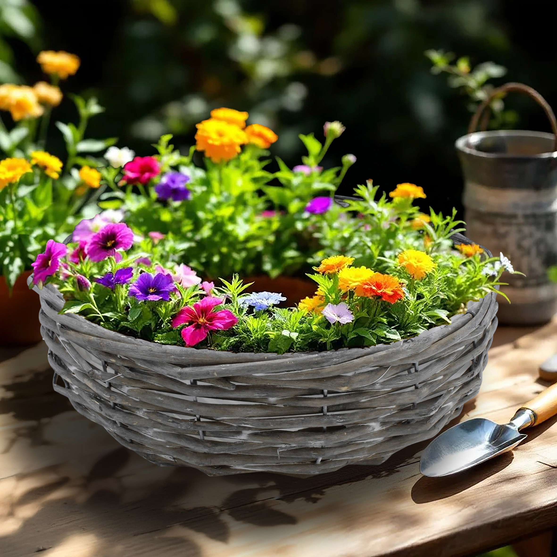 Rattan Pflanzring natur mit Folie 2er Set - 30 / 25 cm - Naturfaser Blumenschale zum direkten Bepflanzen