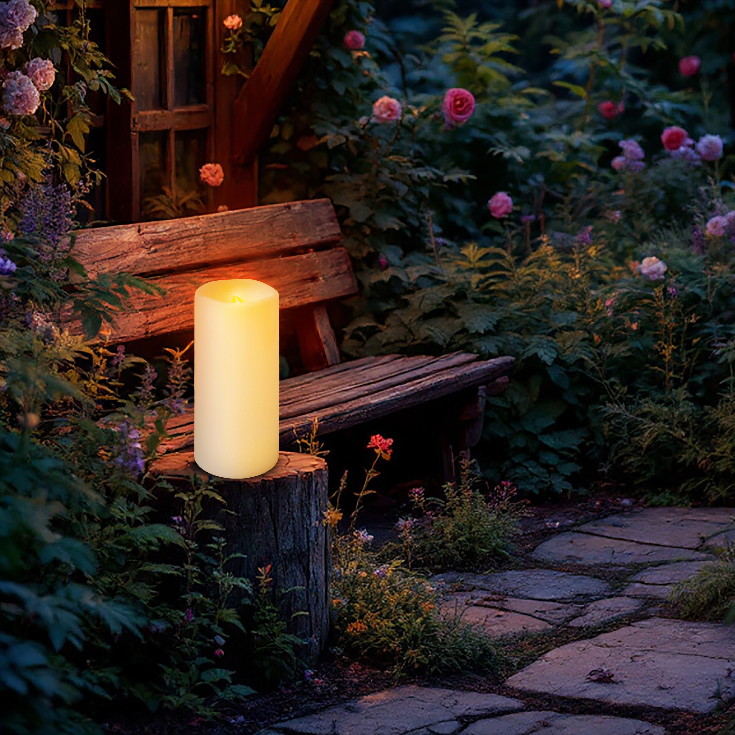 XXL LED Outdoor Kerze creme weiß mit Timer Funktion - 30 cm - Elektrische Stumpenkerze groß für Außen mit Flammeneffekt