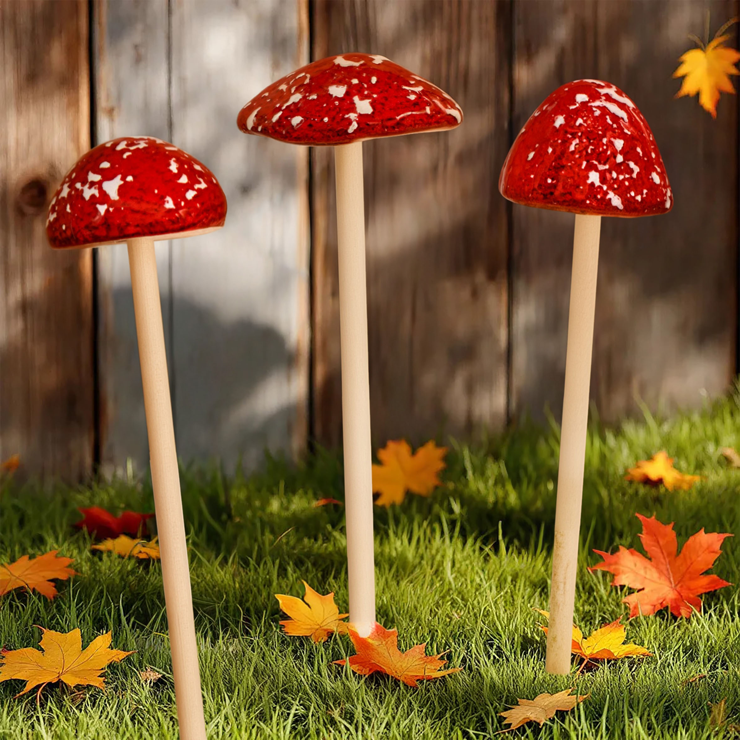 Steingut Deko Pilz Gartenstecker 24 x 6 cm - 3er Set - Fliegenpilz Blumenstecker zur Herbstdeko