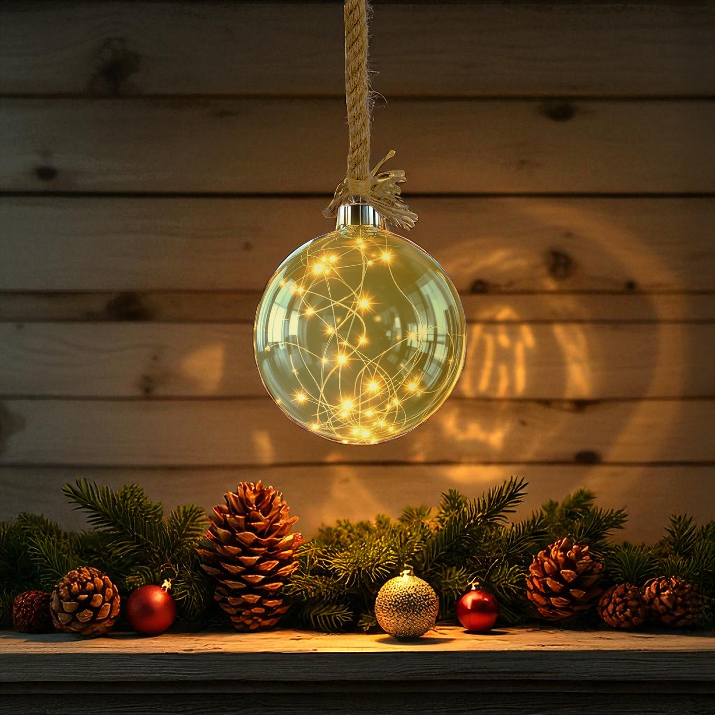 LED Glaskugel mit Tau zum Hängen mit Timer - Ø 14 cm - Dekohänger warm weiß beleuchtet Batterie betrieben