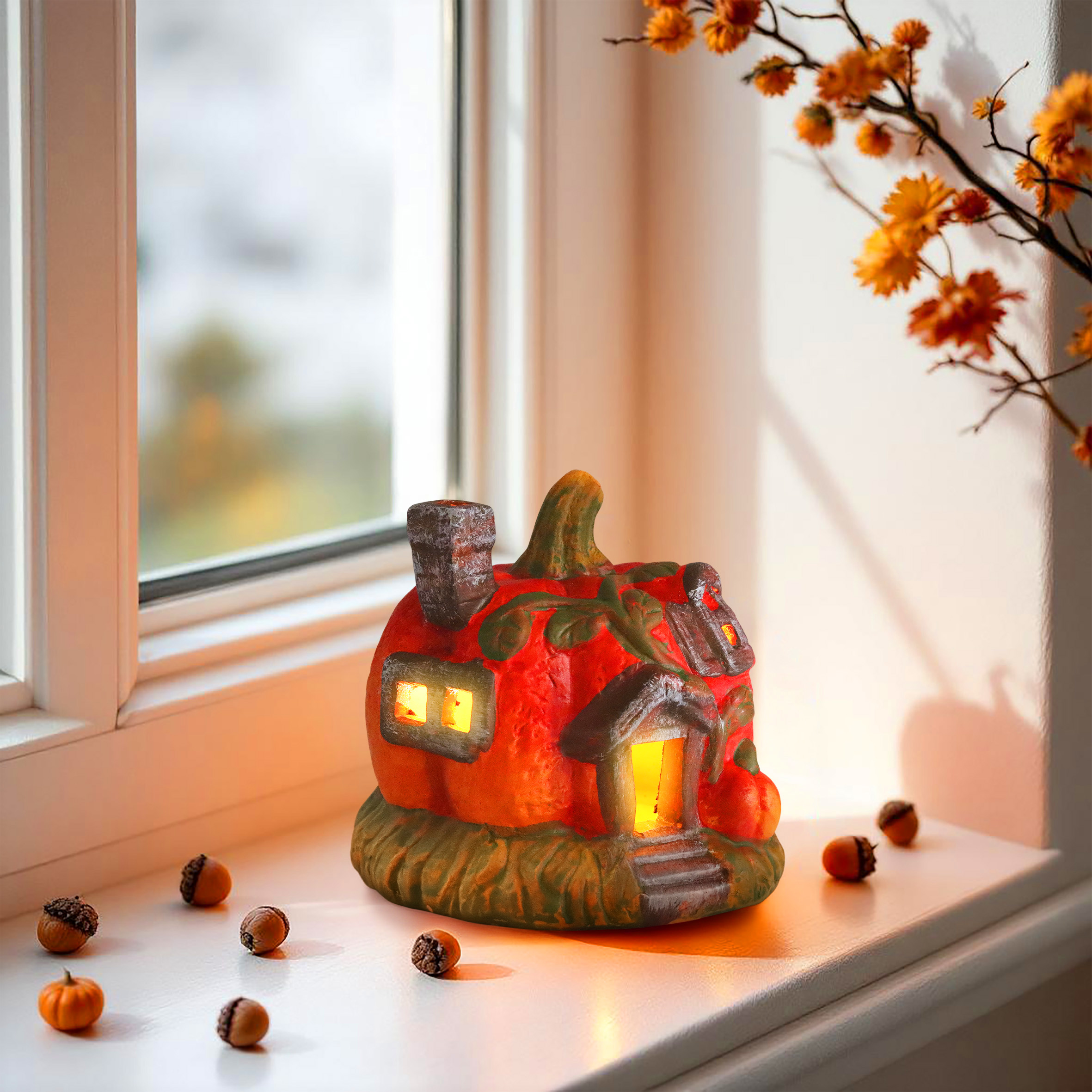 LED Kürbis Haus aus Ton mit Timer batteriebetrieben - 12 cm - Herbstdeko Zierkürbis aus Steinzeug warm weiß beleuchtet