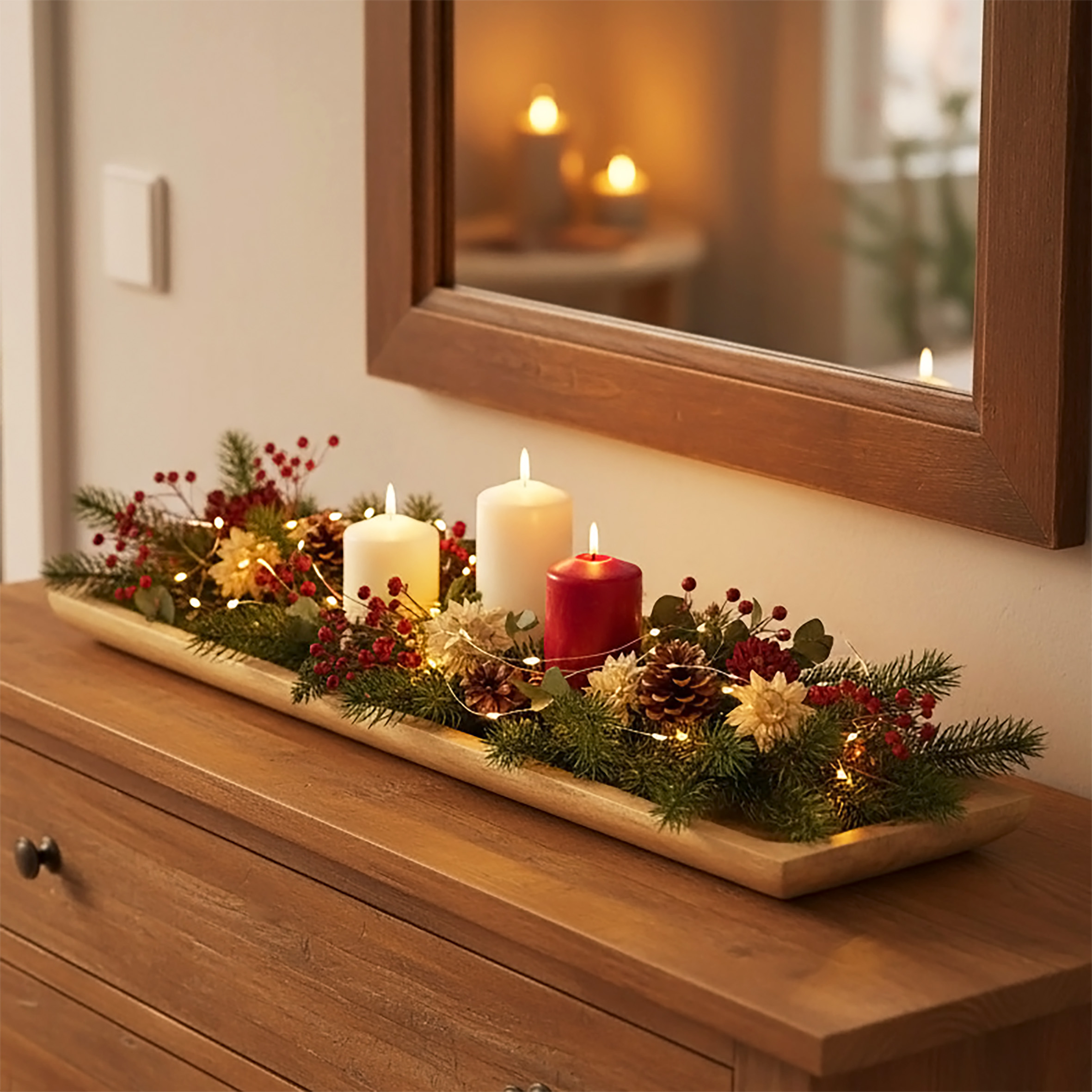 Mangoholz Dekotablett groß natur - 46 x 13 cm - XL Massivholz Kerzentablett rechteckig