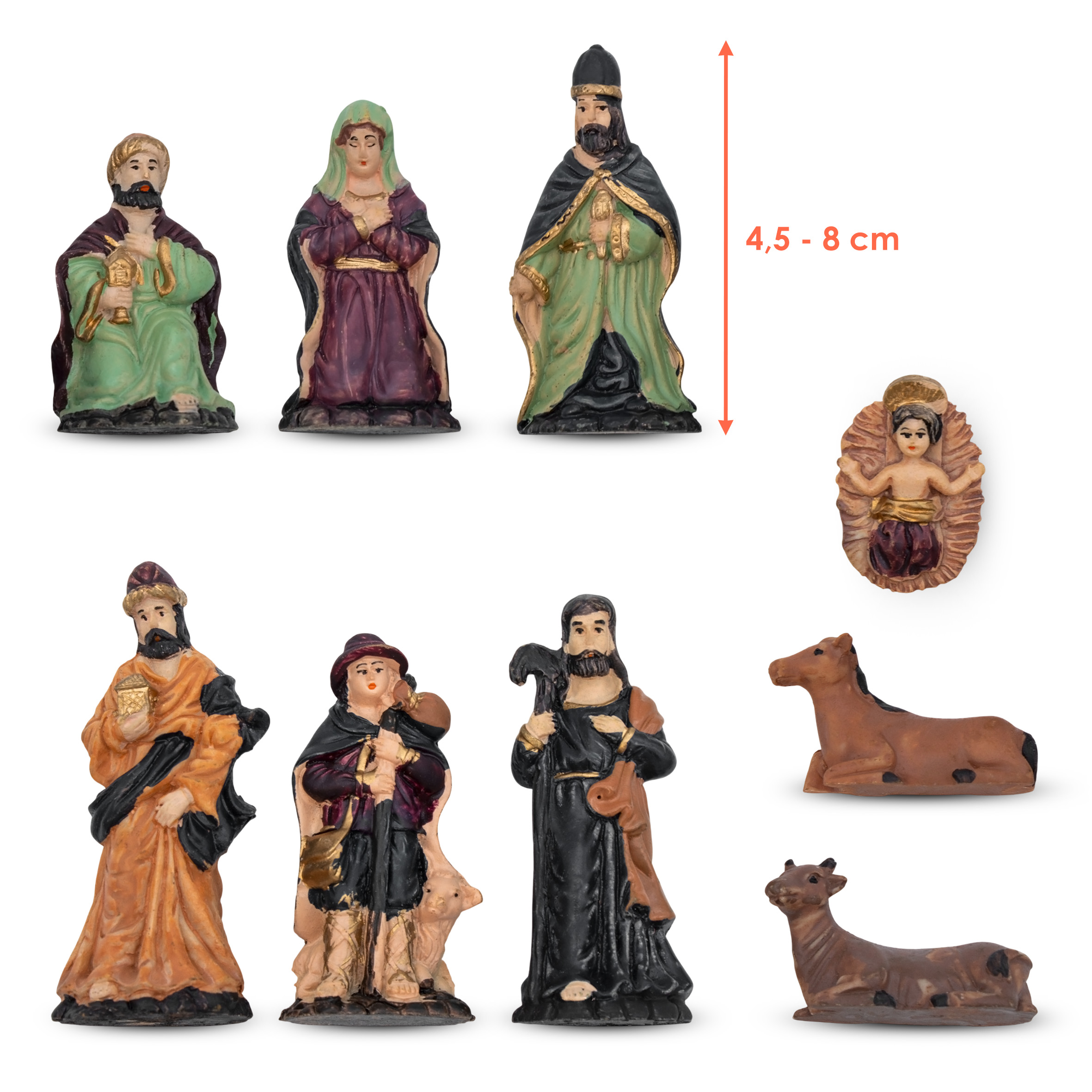 Weihnachtskrippe Figuren 9er Set - Größe L / 4,5 cm bis 11 cm - 9 detailgetreue Krippen Figuren